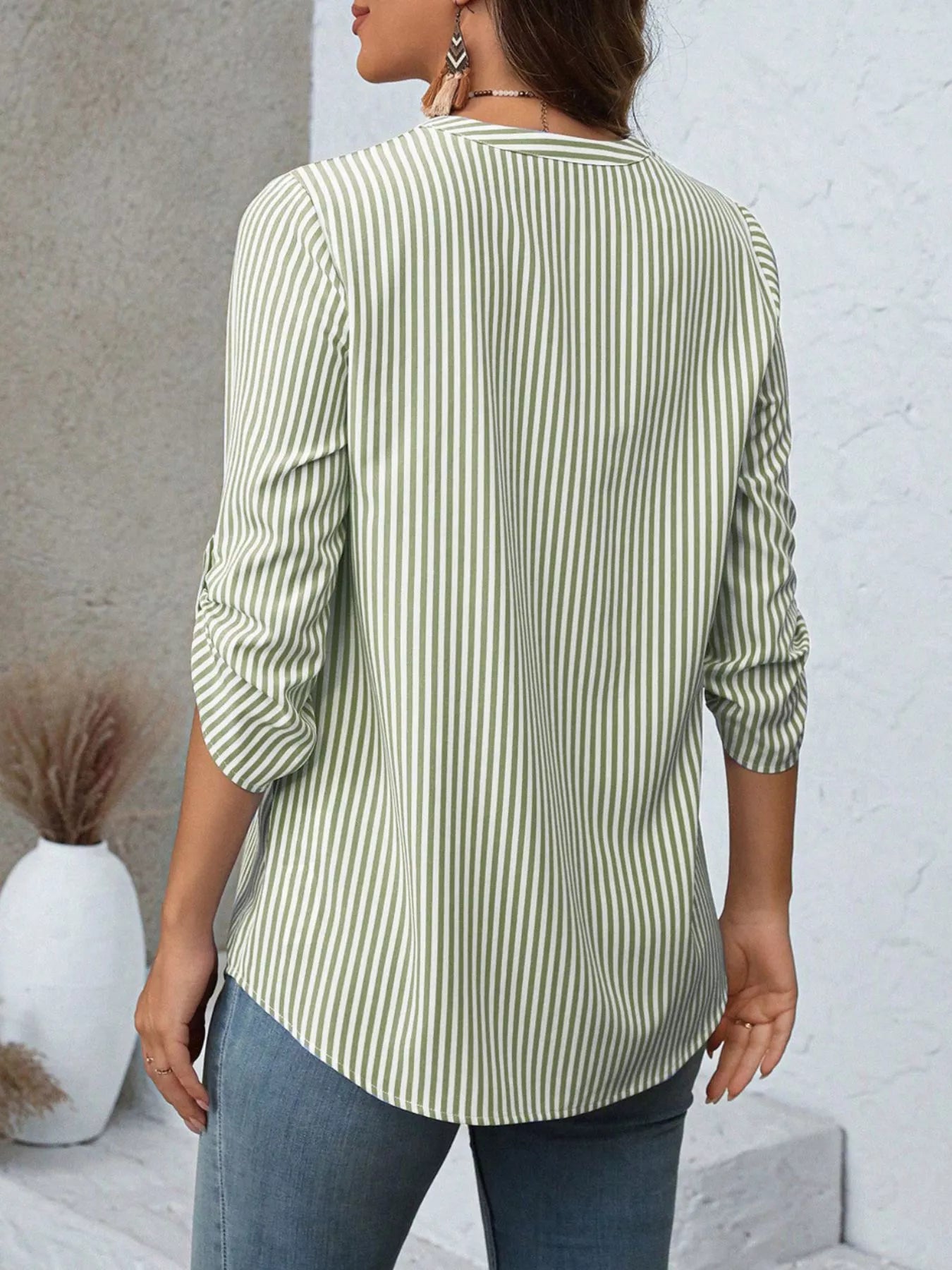 Striped V-Neck Roll-Up Sleeve Blouse  Shop One Place