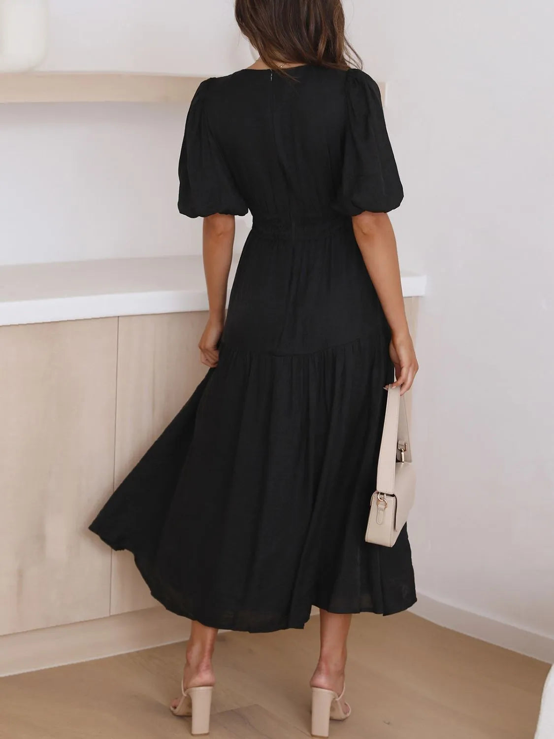 V-Neck Puff Sleeve Midi Dress  Shop One Place