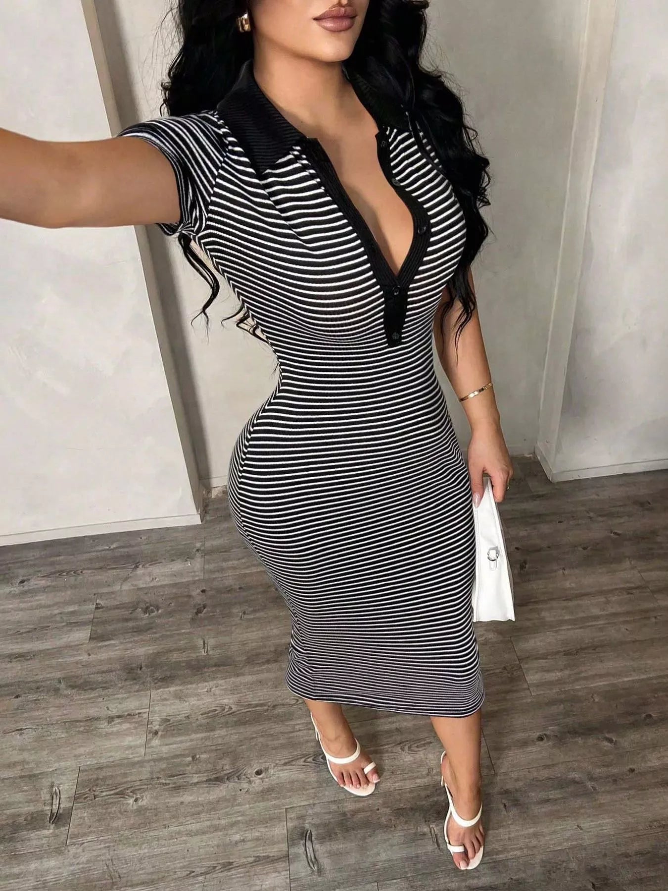 Striped Polo Collar Midi Dress  Shop One Place