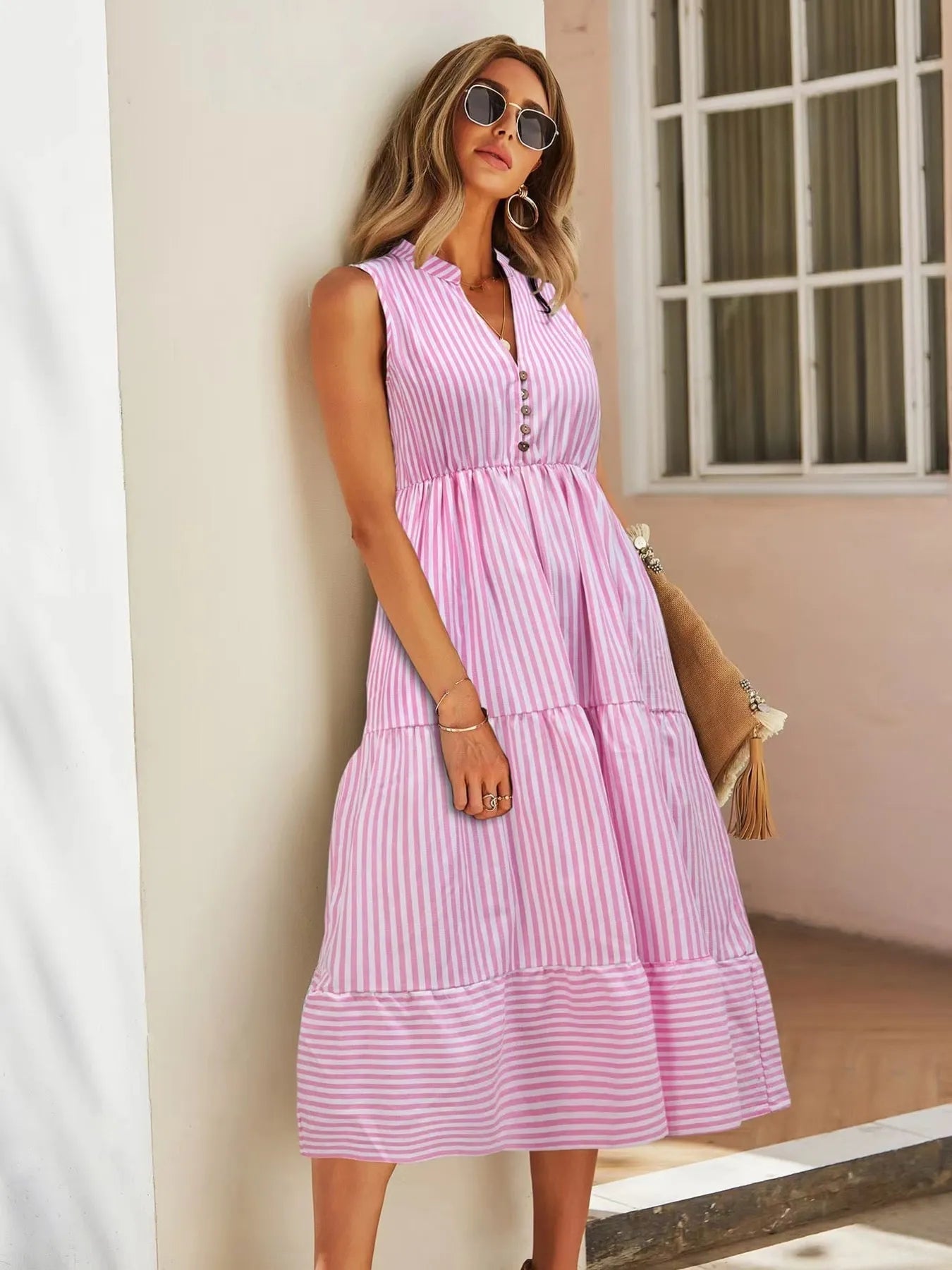 Striped Sleeveless Tiered Midi Dress  Shop One Place