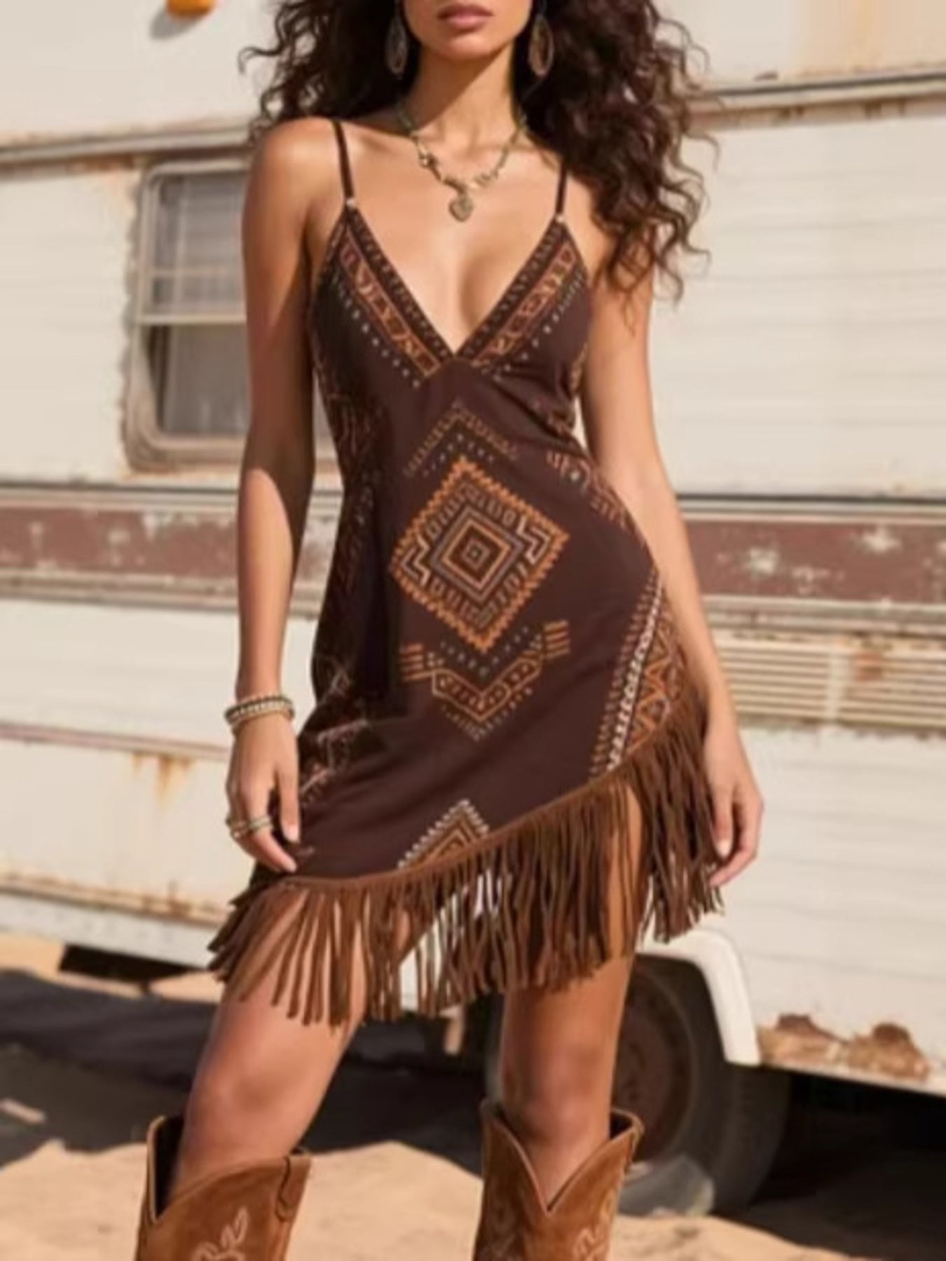 Fringe Trim Geometric Mini Dress  Shop One Place