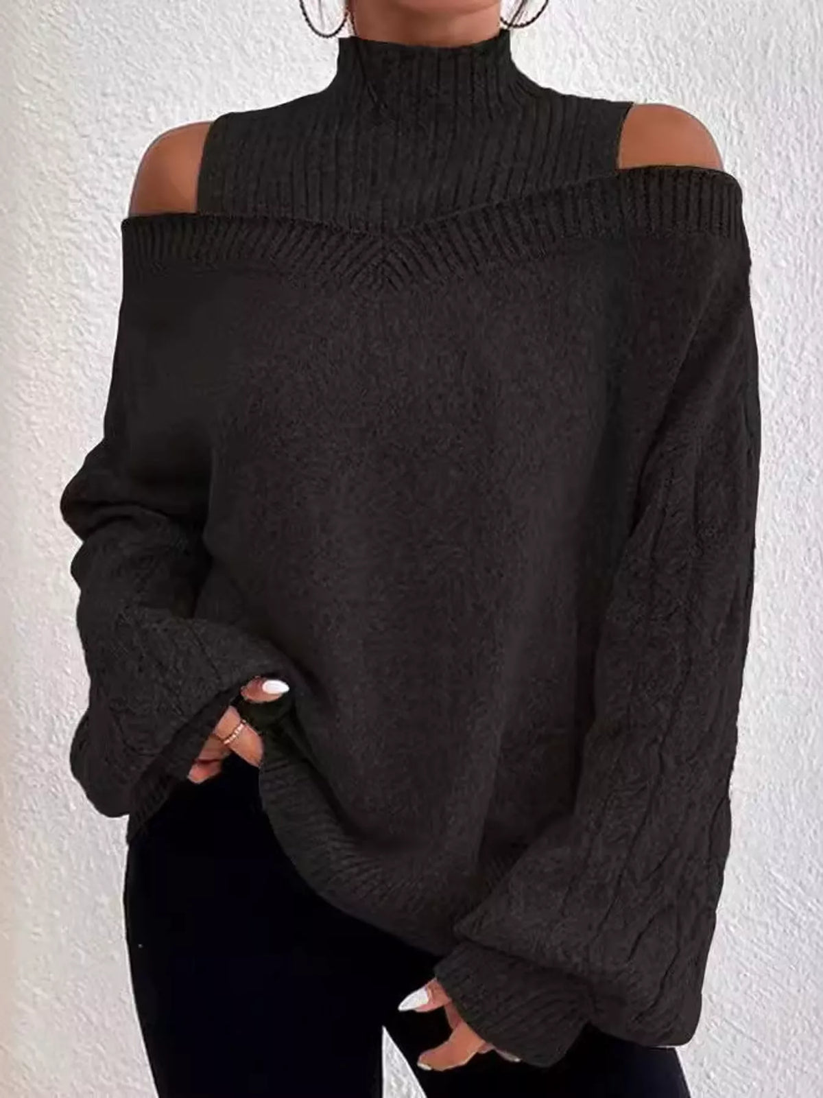 Women's Cold Shoulder Mock Neck Cable Knit Sweater – view 14