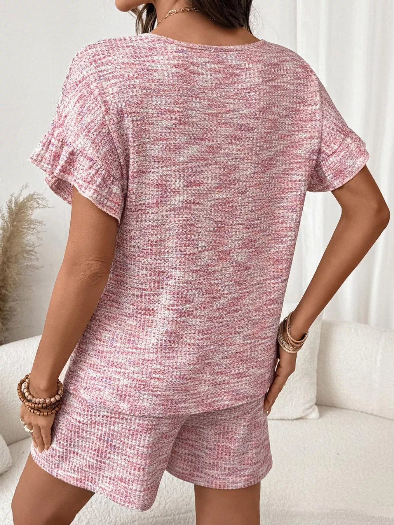 Ruffle Sleeve Textured Top and Shorts Set  Shop One Place