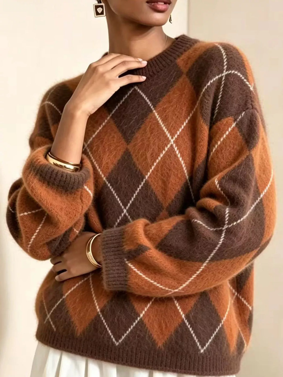 Women's Argyle Fuzzy Knit Sweater