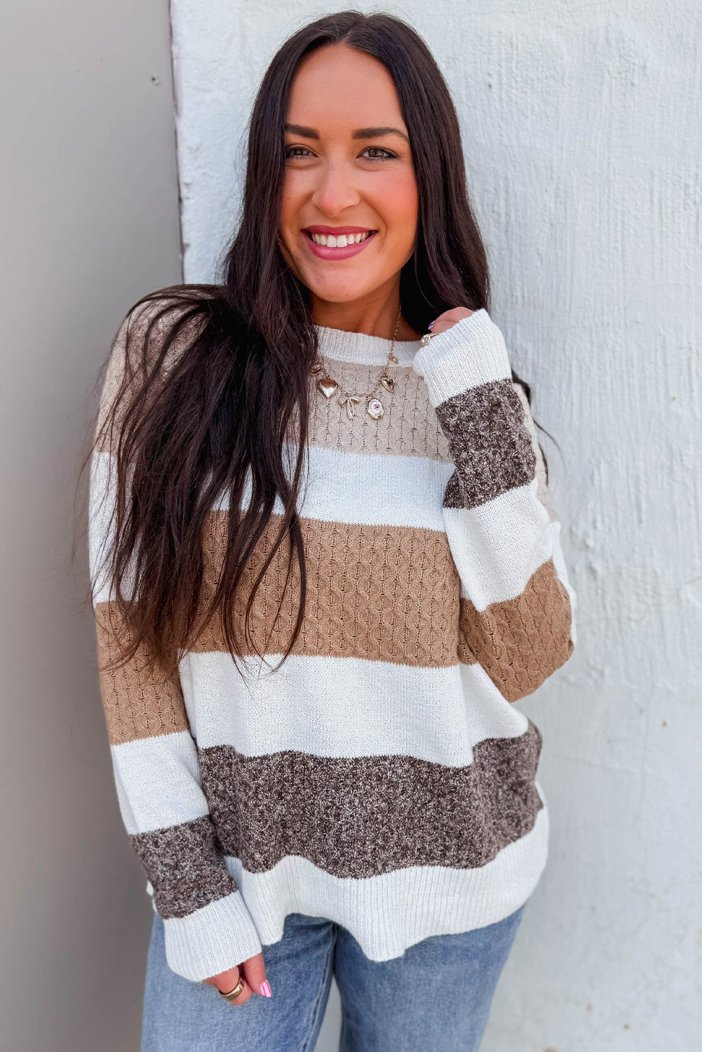 Brown Mixed Texture Knit Striped Colorblock Loose Sweater  Shop One Place