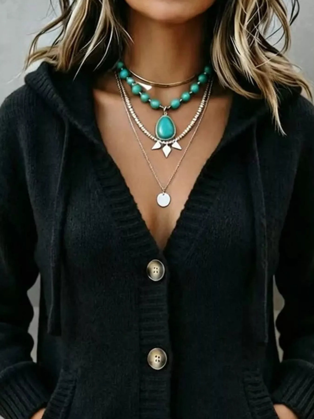 Hooded Button-Down Knit Cardigan with Pockets in Multicolor