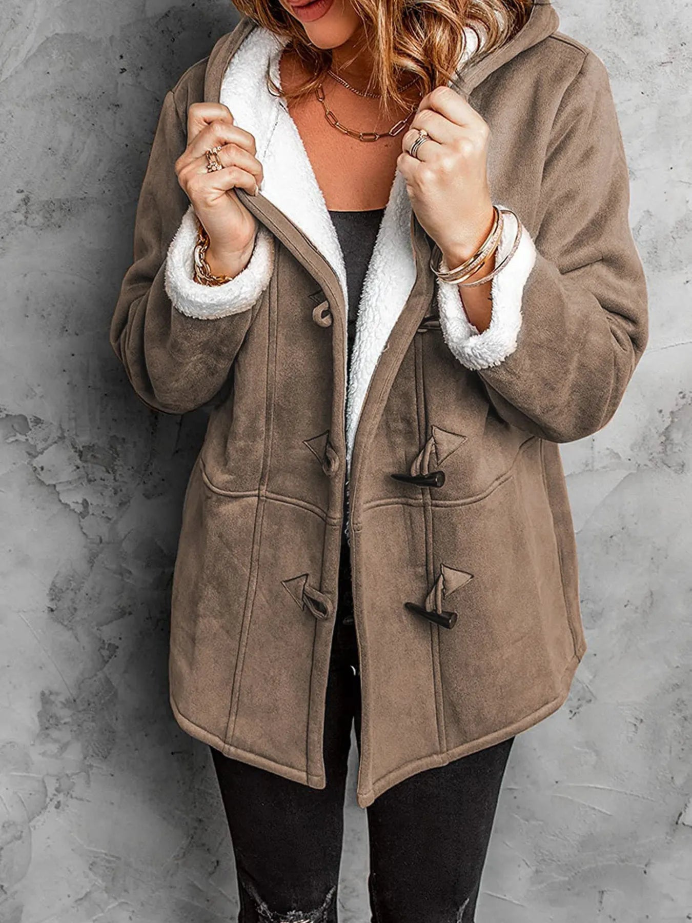 Full Size Cozy Sherpa Lined Toggle Coat with Hood Plus Size  Shop One Place