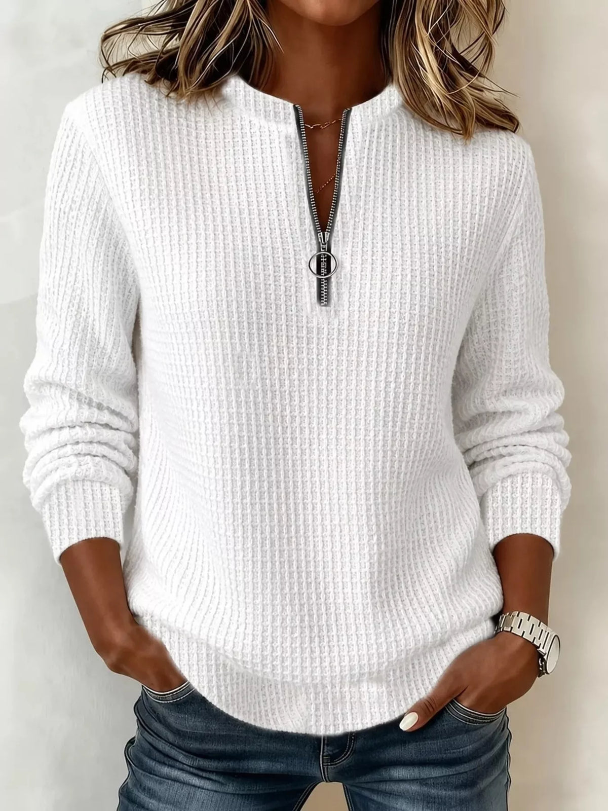 Women's Quarter-Zip Waffle Knit Sweatshirt