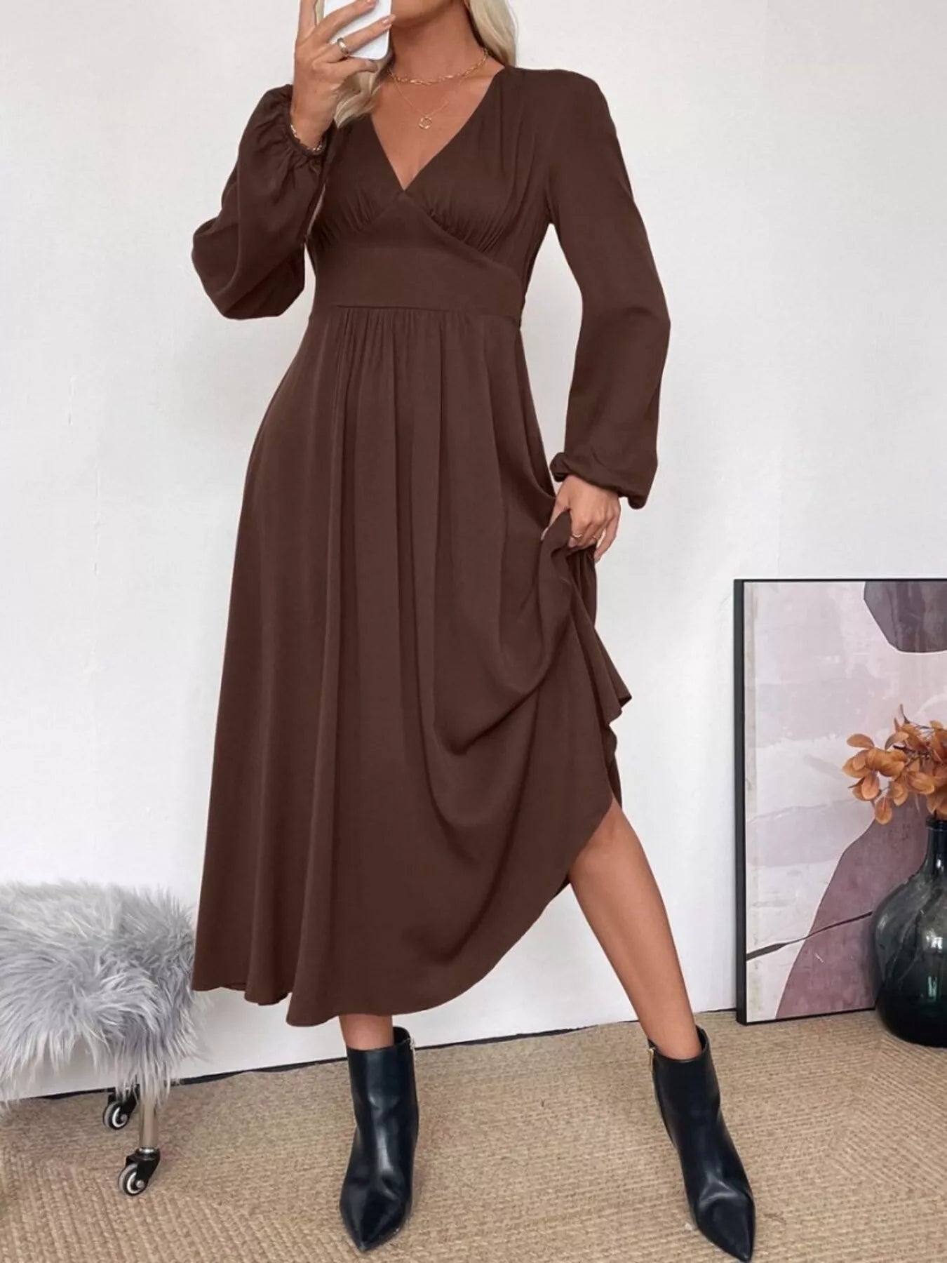 V-Neck Long Sleeve A-Line Midi Dress  Shop One Place