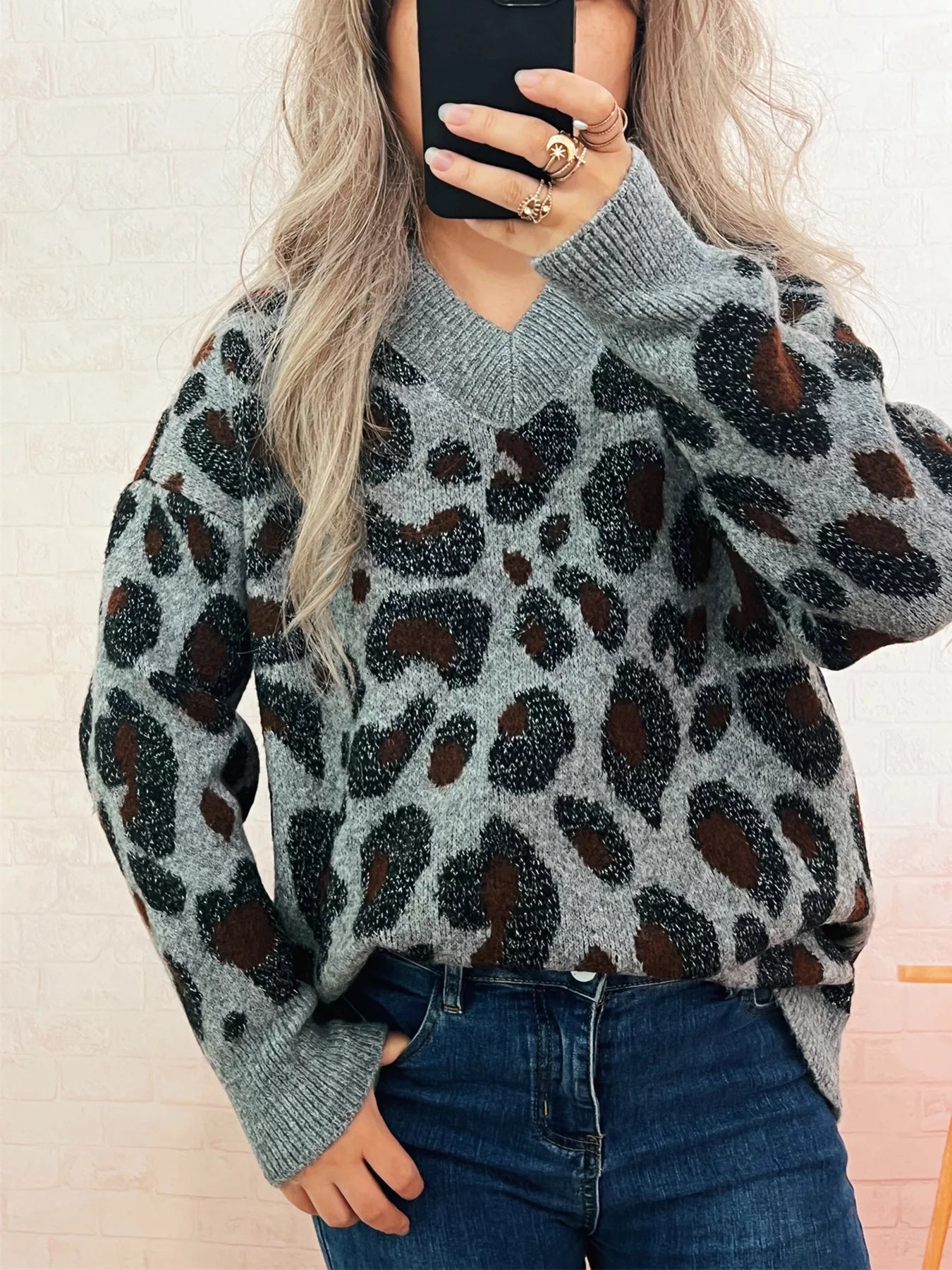 Leopard V-Neck Drop Shoulder Sweater  Shop One Place