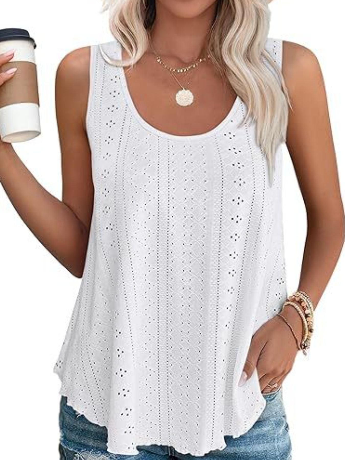 Eyelet Scoop Neck Tank  Shop One Place