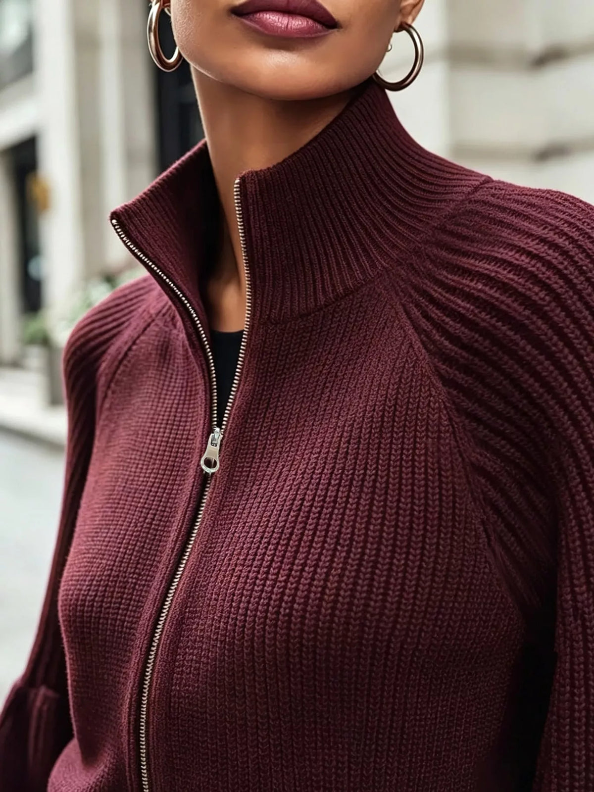 Women's Ribbed Knit Zip-Up Cardigan with Lantern Sleeves – view 5