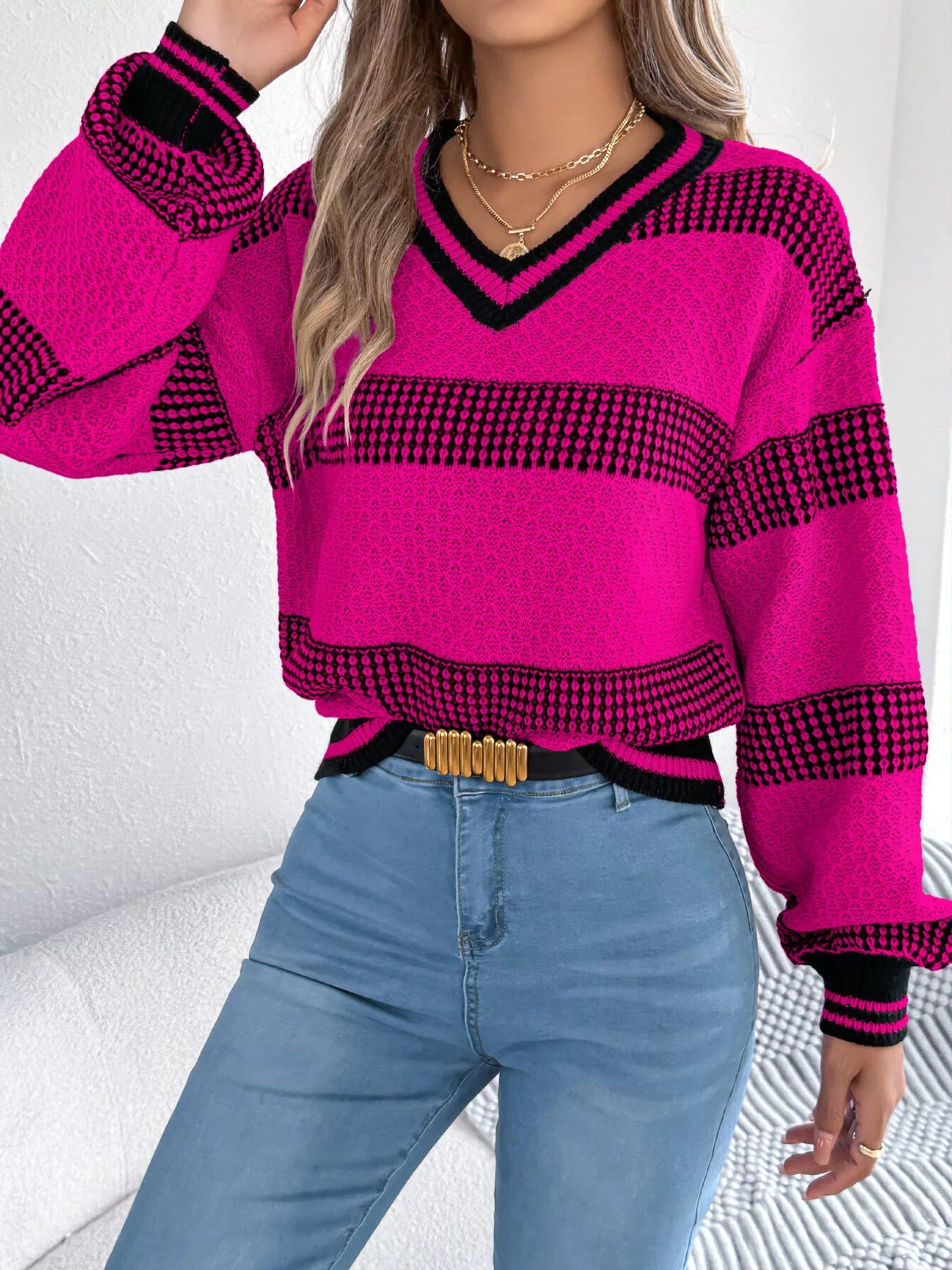 Contrast Striped V-Neck Sweater  Shop One Place