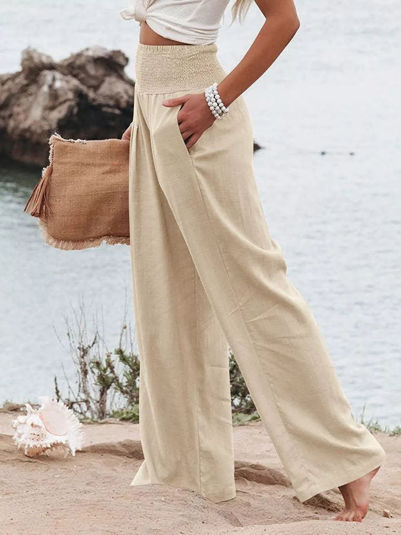 Smocked High Waisted Wide Leg Pants  Shop One Place