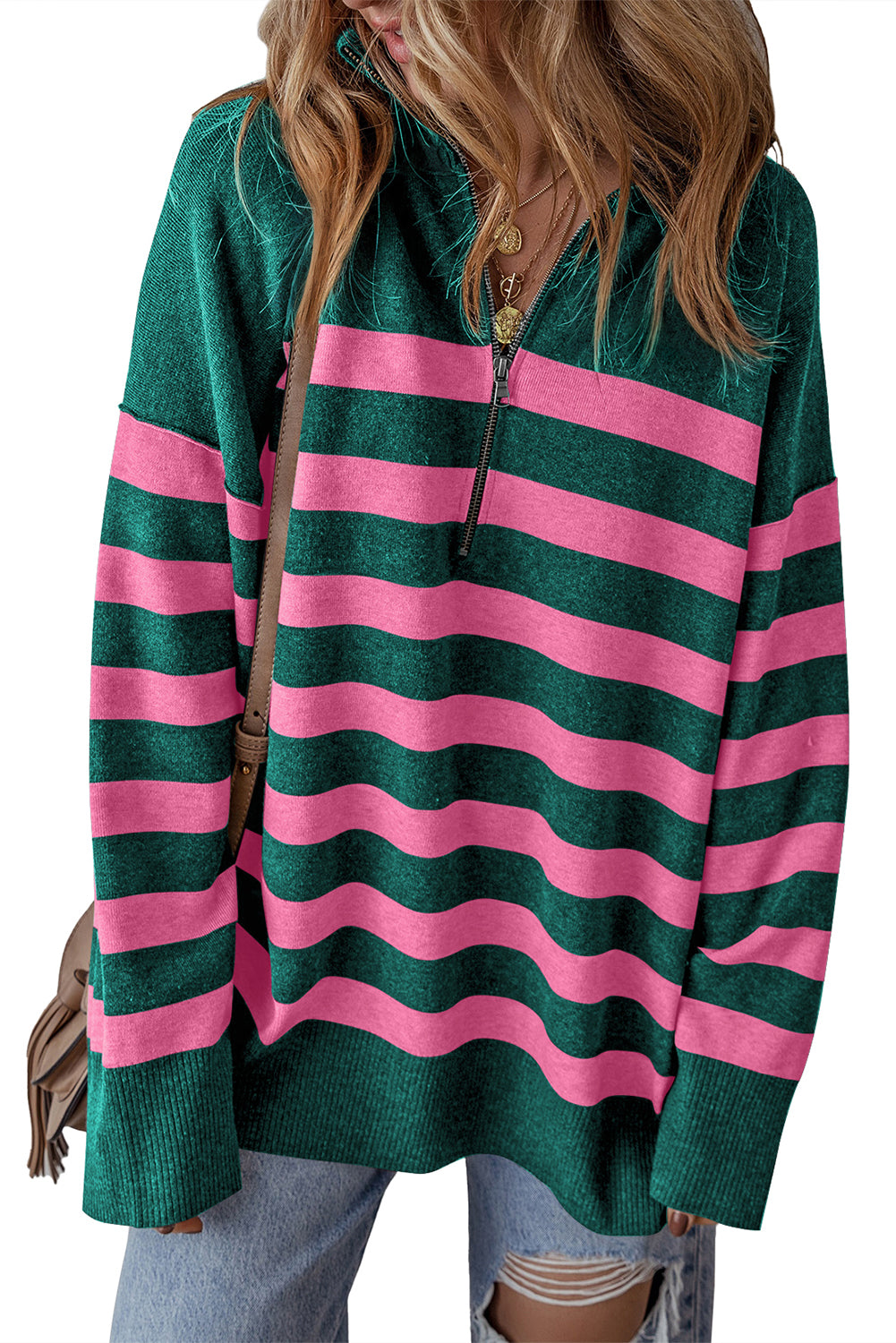 Striped Collared Quarter Zip Oversized Sweater