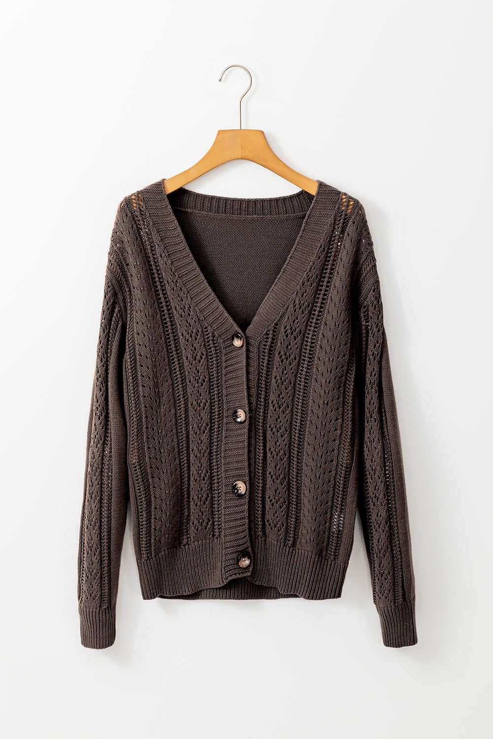 Dark Khaki Hollow Knit Drop Shoulder Cardigan  Shop One Place