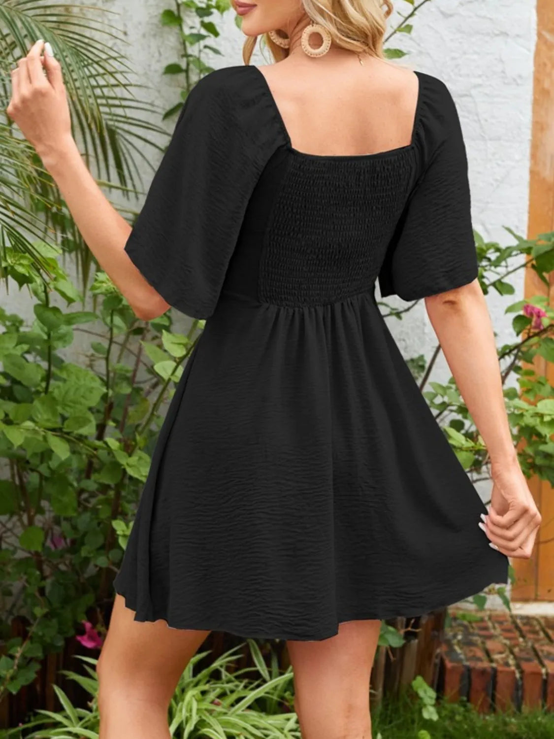 Smocked Back Knotted Flutter Sleeve Dress  Shop One Place