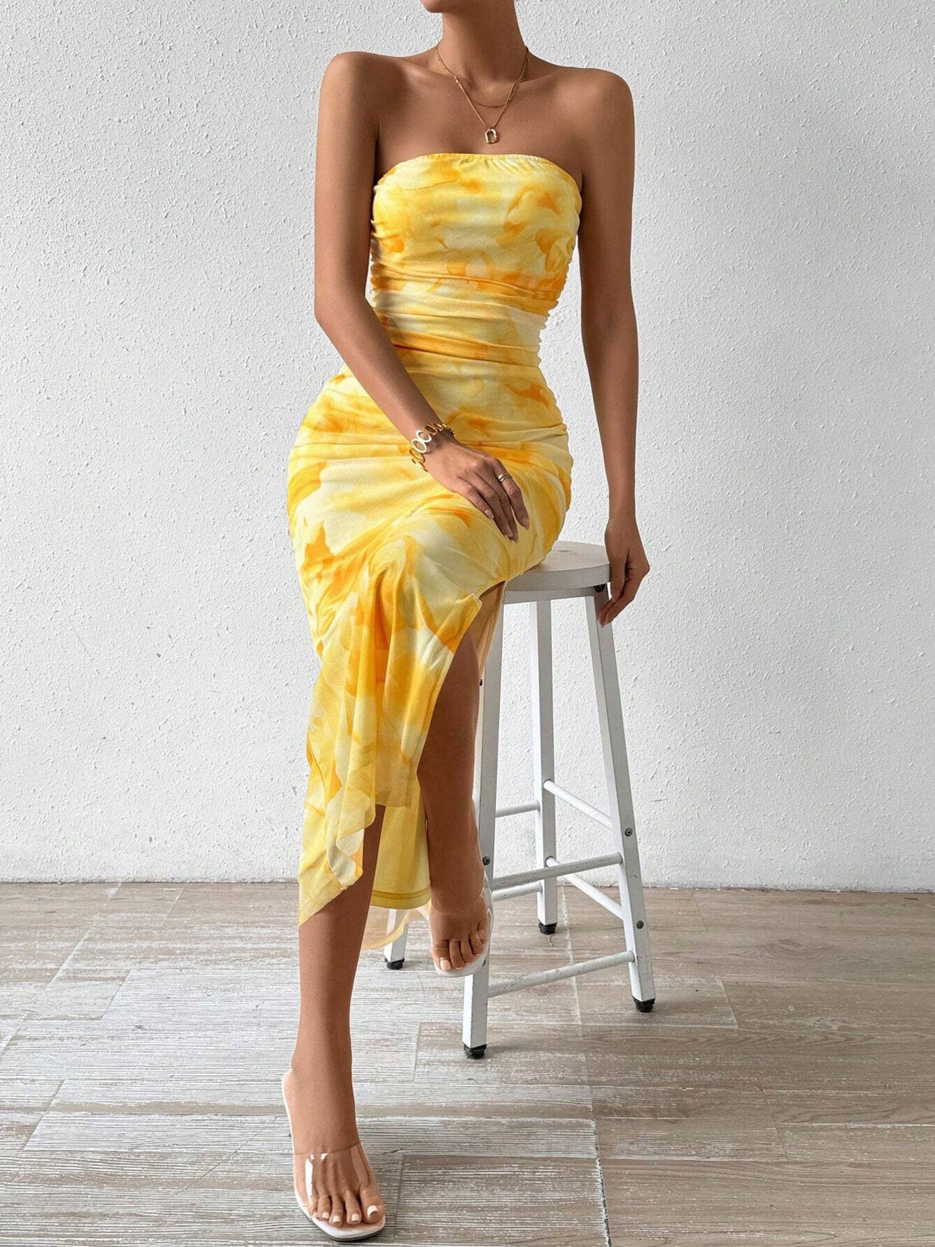 Ruched Strapless Bodycon Midi Dress  Shop One Place