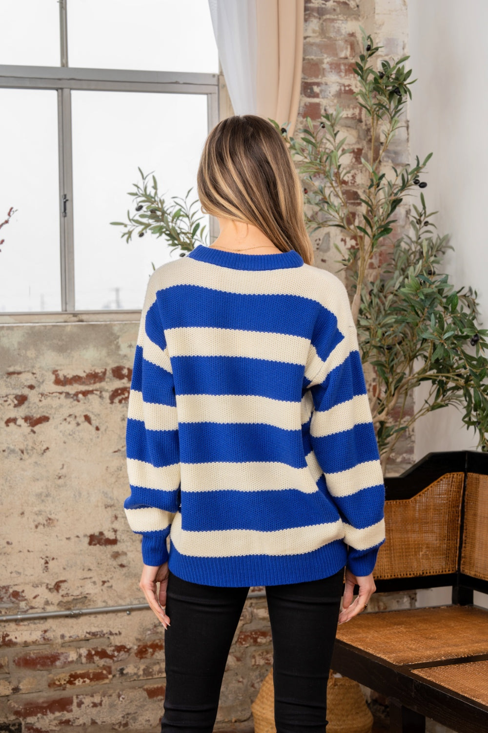 Sew In Love Full Size Contrast Striped Round Neck Sweater