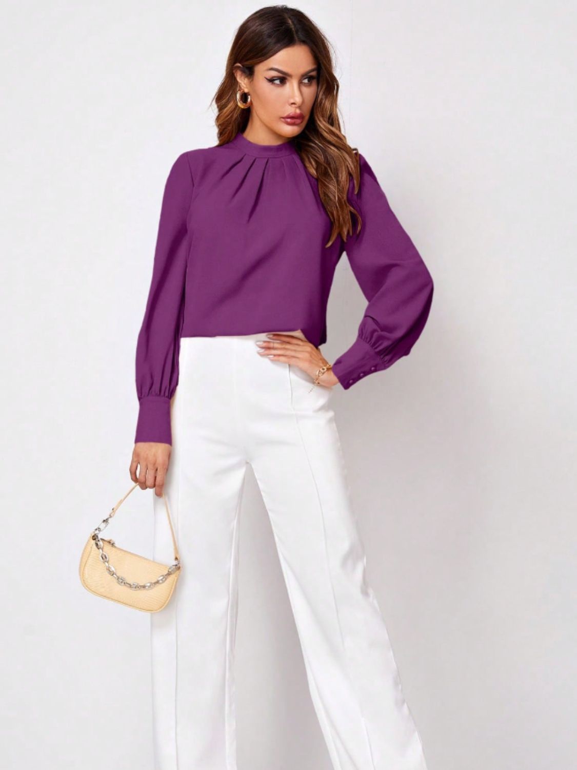 Ruched Mock Neck Long Sleeve Blouse