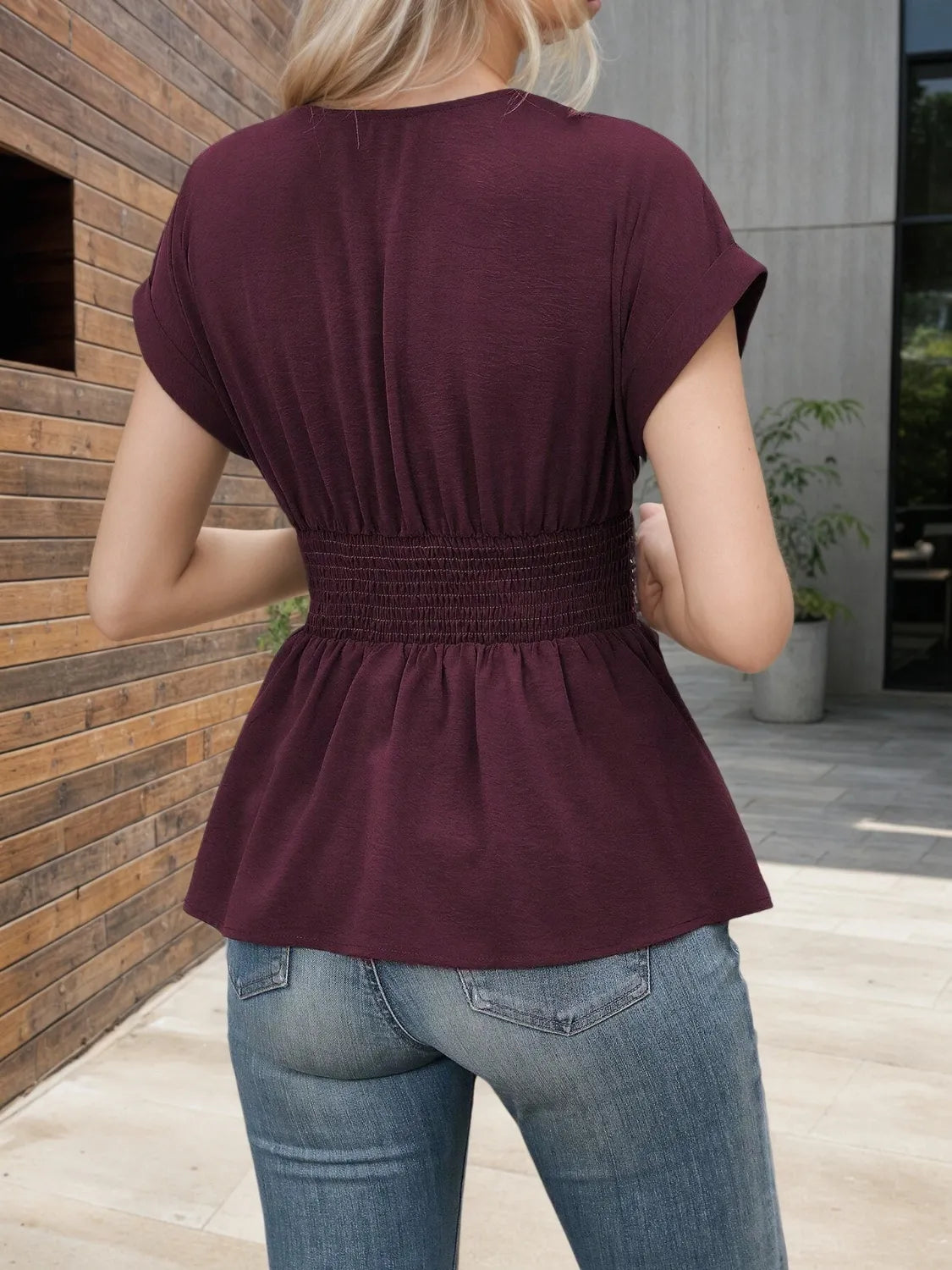 Surplice Short Sleeve Blouse  Shop One Place