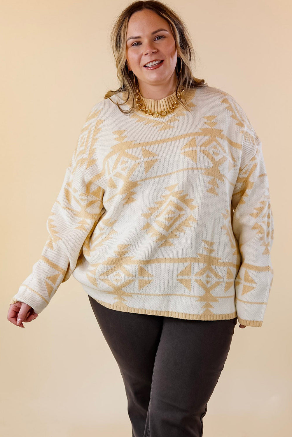 Apricot Plus Size Geometric Print Drop Sleeve Sweater