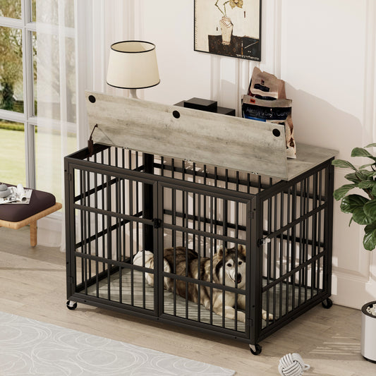 Furniture style dog crate wrought iron frame door with side openings, Grey, 43.3''W x 29.9''D x 33.5''H.  Shop One Place