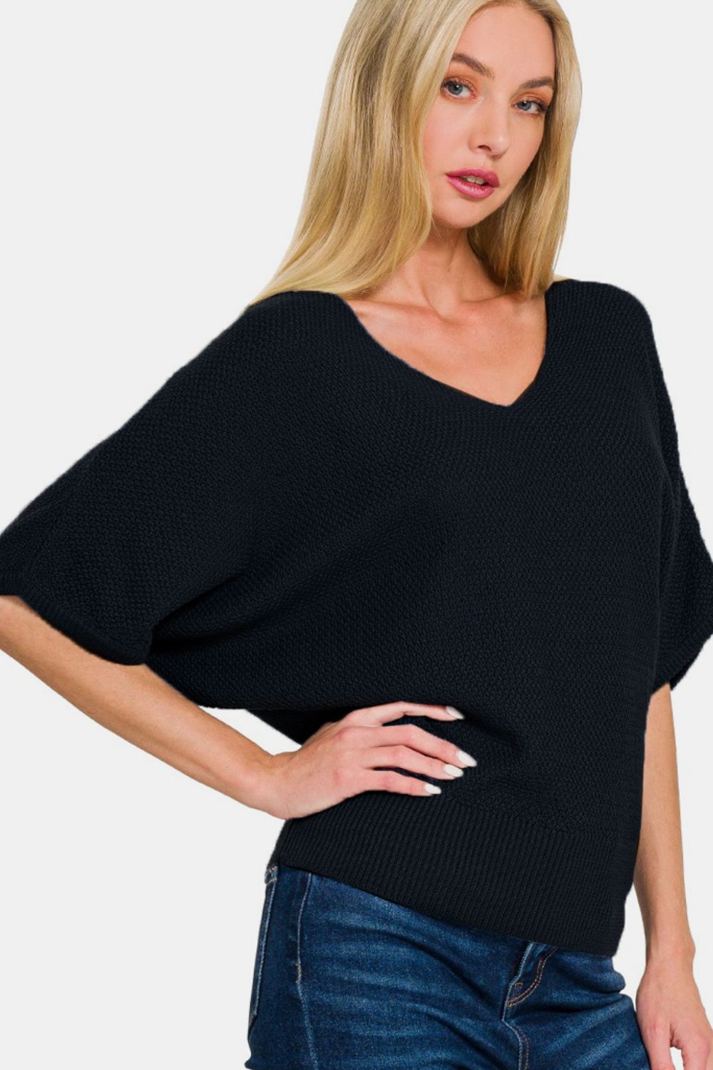 Zenana Black V-Neck Short Sleeve Dolman Sweater