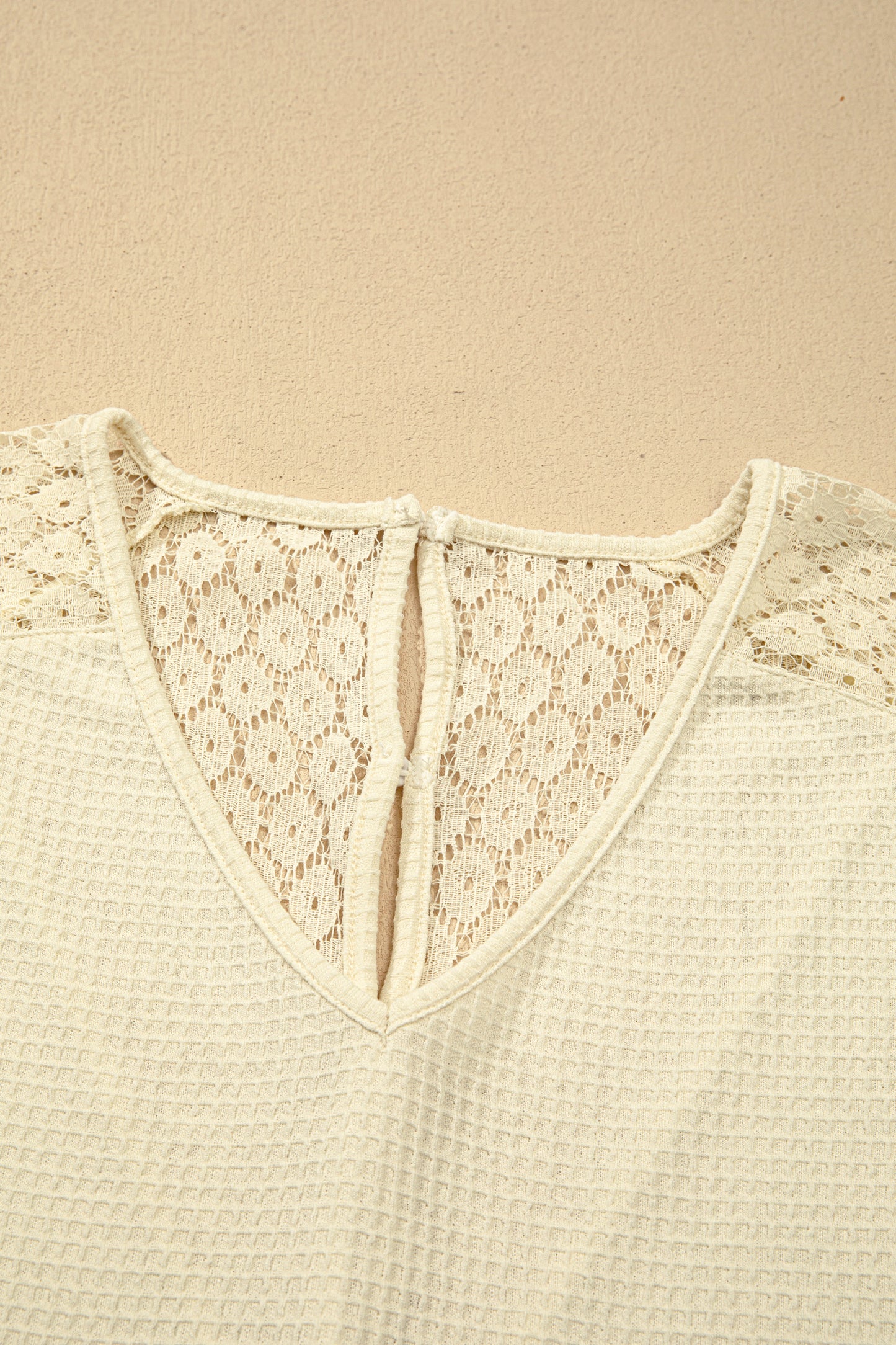 Pink Lace Splicing Button Cutout V Neck Waffle Knit Blouse  Shop One Place