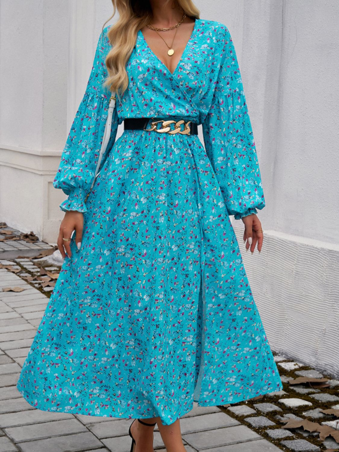 Split Printed Surplice Long Sleeve Floral Midi Dress