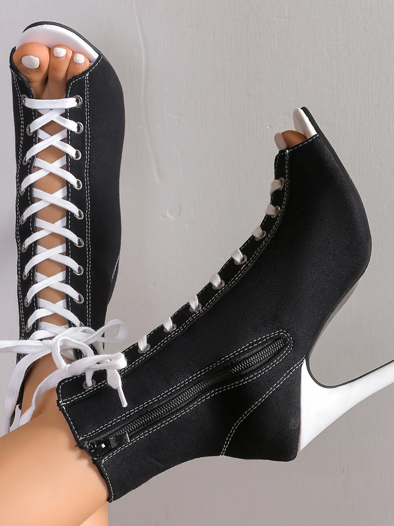 Canvas Lace-Up Peep Toe Stiletto Ankle Boots  Shop One Place