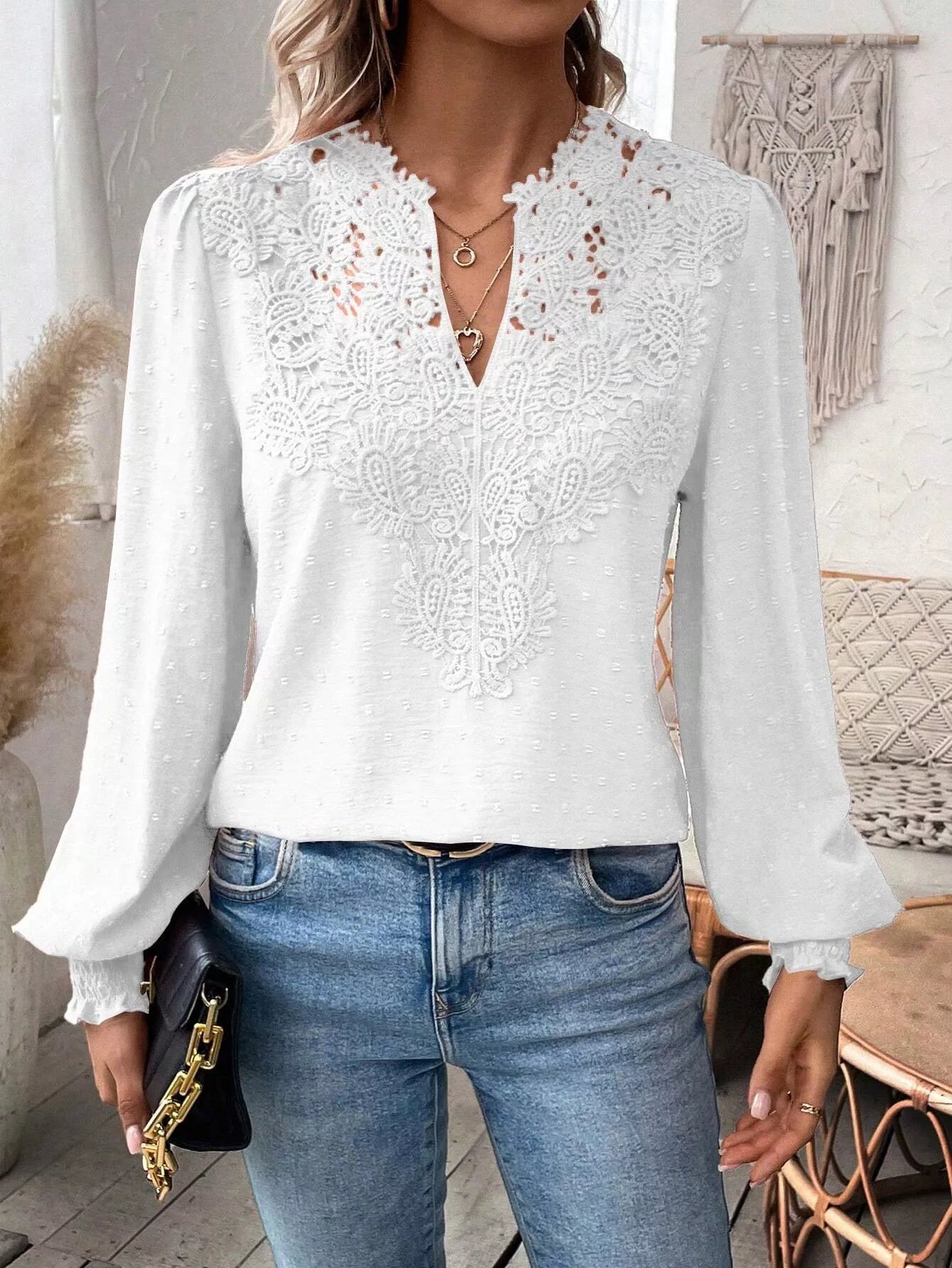 Swiss Dot Lace Detail Long Sleeve Blouse  Shop One Place