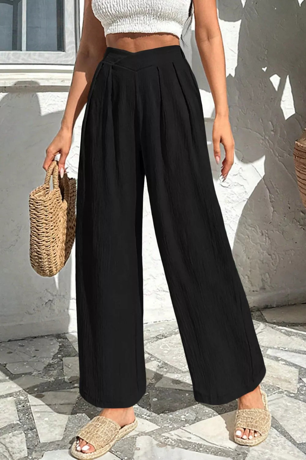 Solid Color Textured Crossed Waist Loose Pants  Shop One Place