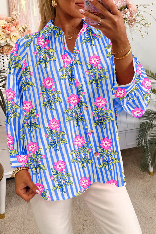 Blue Striped Floral Print Loose Fit Shirt  Shop One Place
