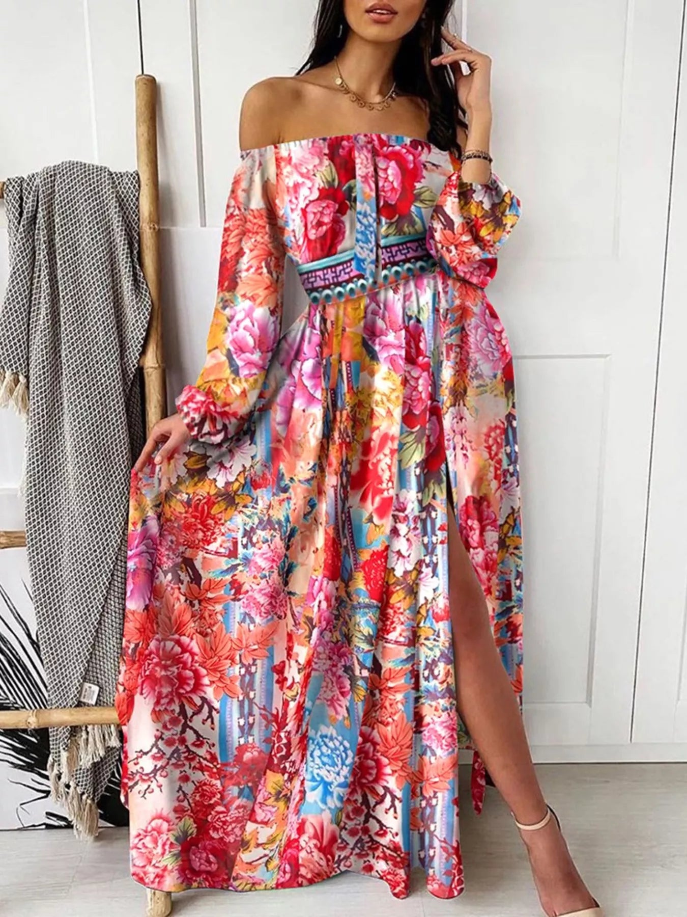 Slit Printed Off Shoulder Maxi Dress  Shop One Place