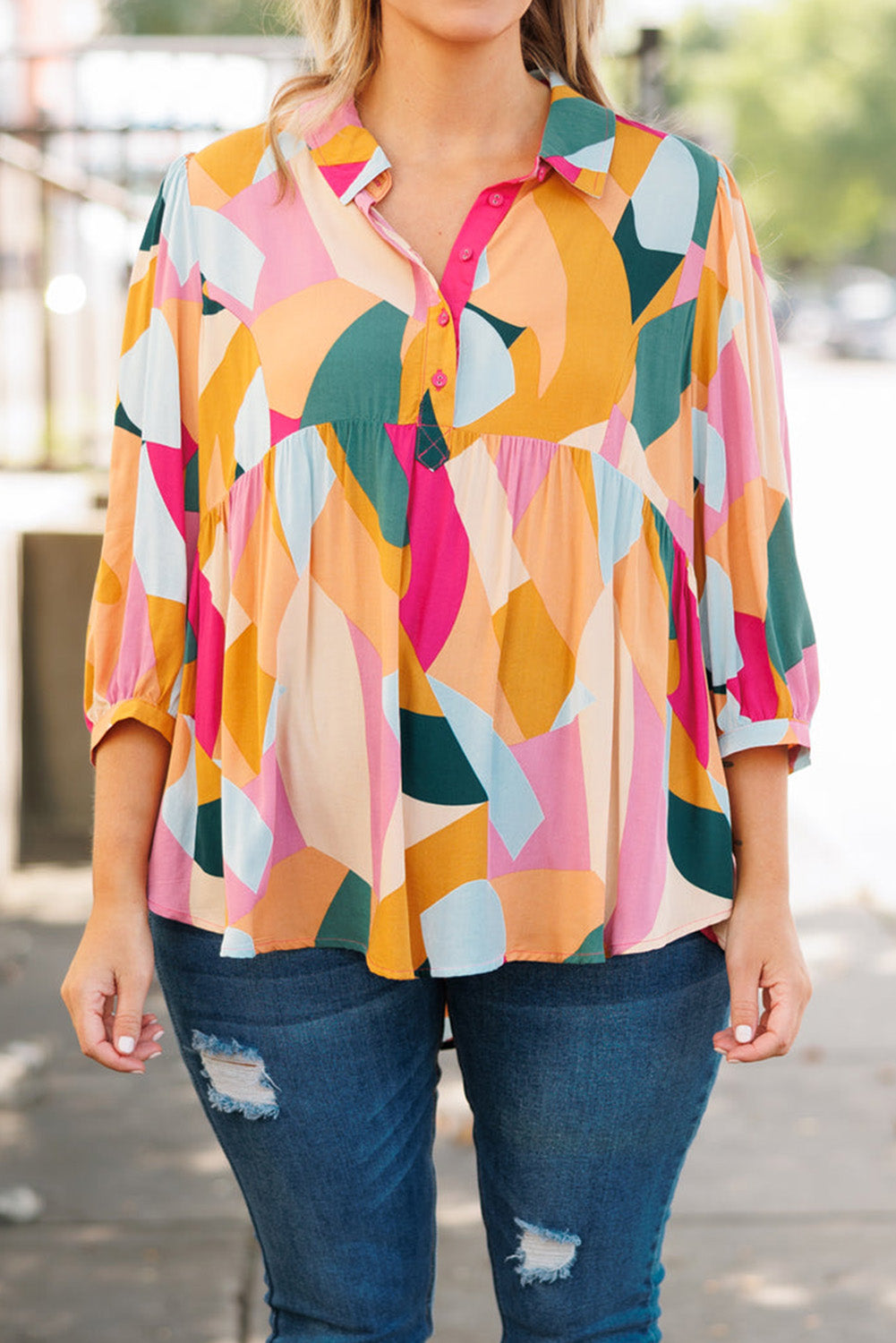 Ginger Plus Size Geometric Print Bracelet Sleeve Flowy Blouse