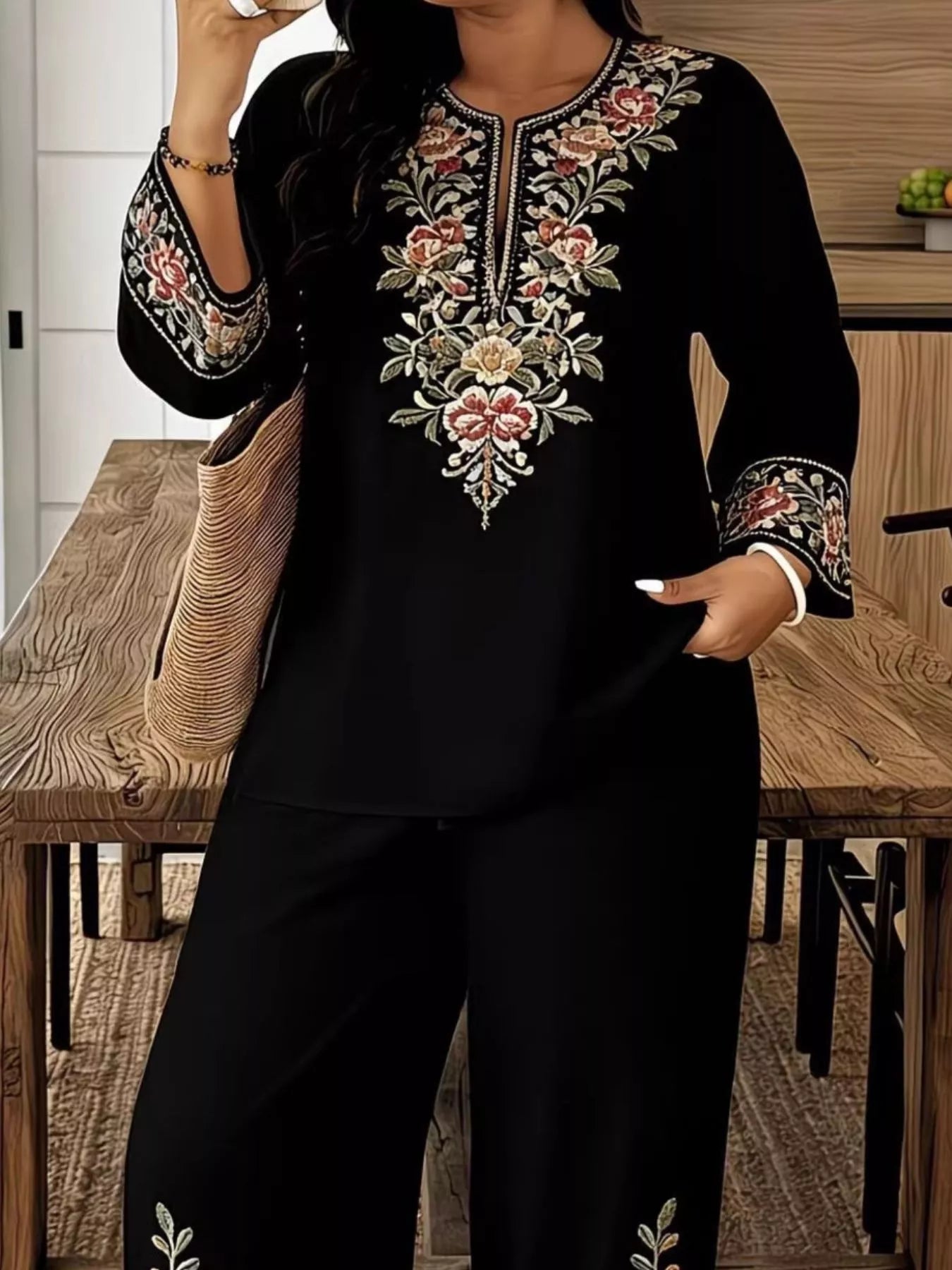 Full Size Embroidered Long Sleeve Top and Pants Set Plus Size  Shop One Place