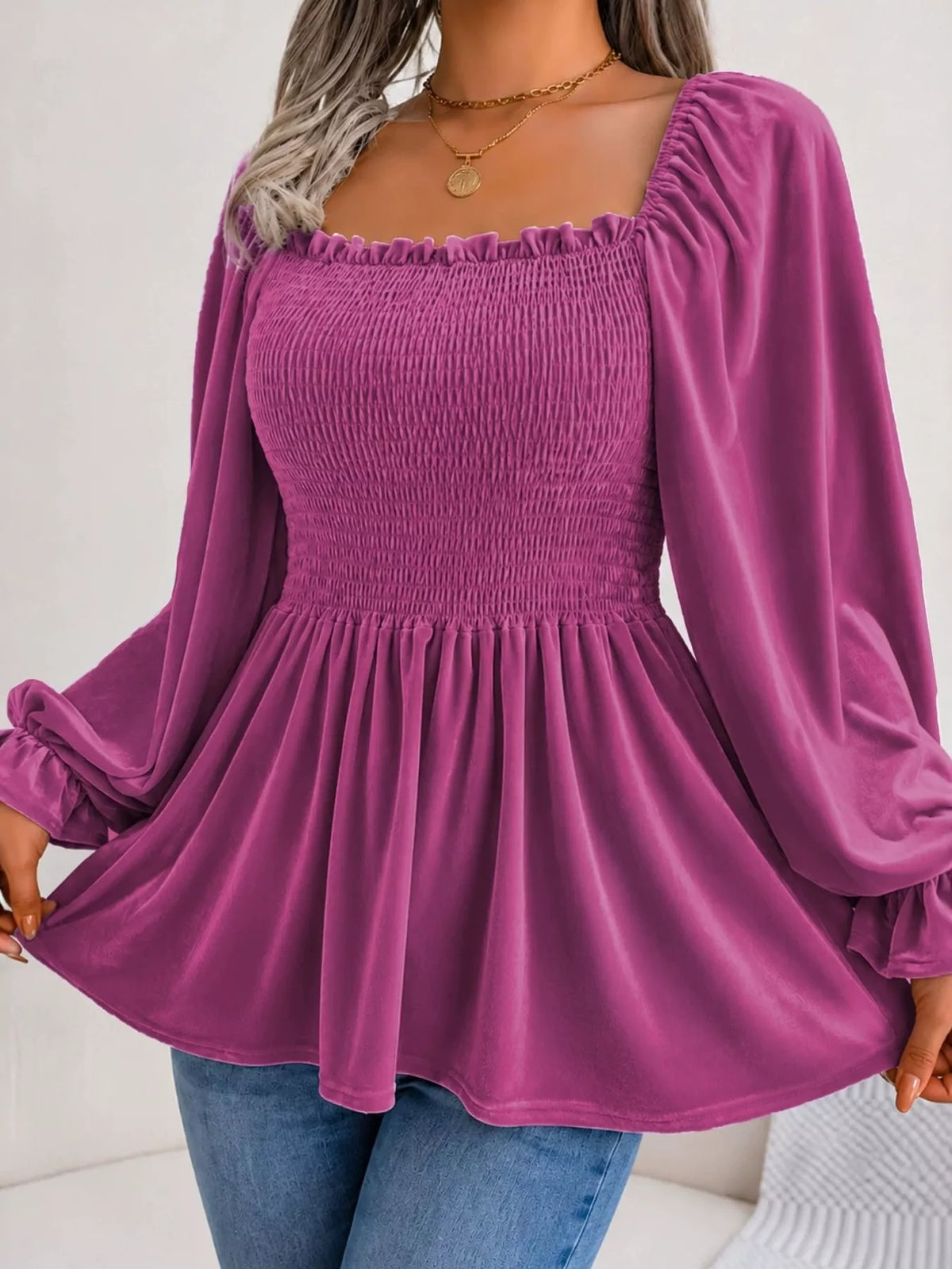 Women's Velvet Smocked Peplum Blouse – view 4