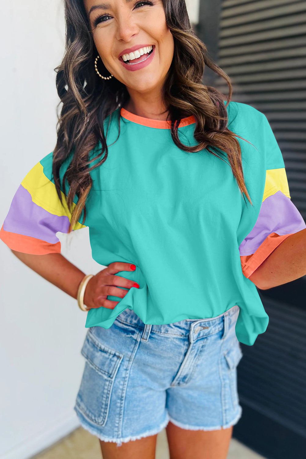 Green Color Block Sleeve Round Neck Oversize Top  Shop One Place