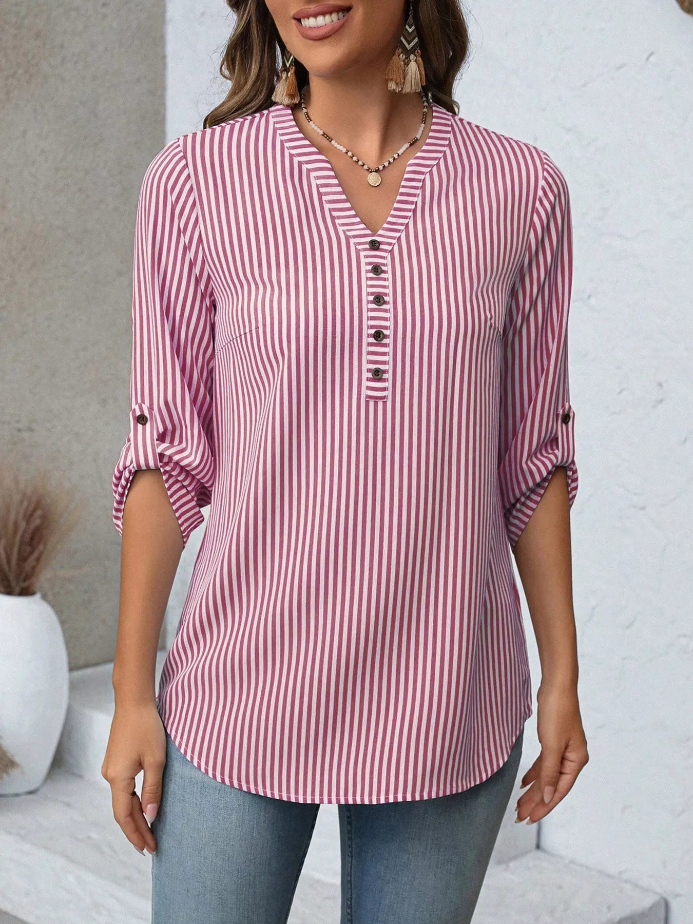Striped V-Neck Roll-Up Sleeve Blouse  Shop One Place