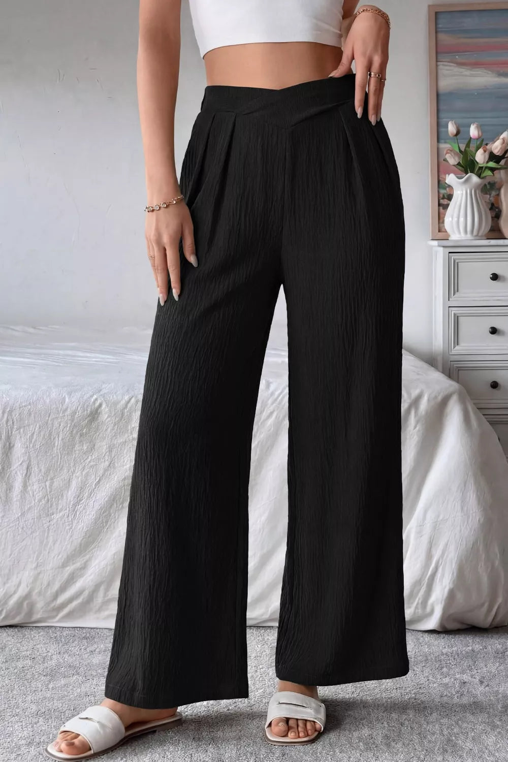 Solid Color Textured Crossed Waist Loose Pants  Shop One Place