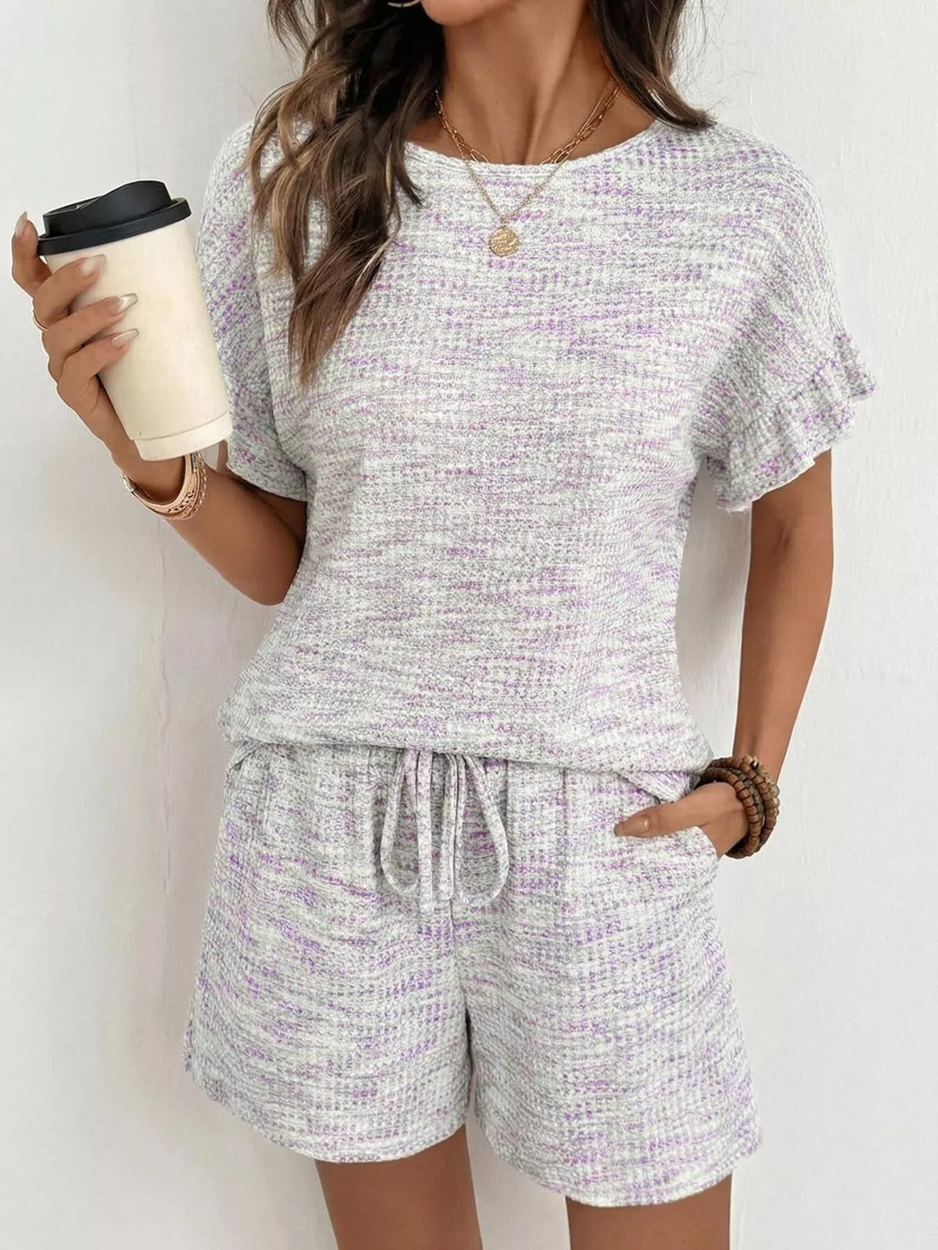 Ruffle Sleeve Textured Top and Shorts Set  Shop One Place