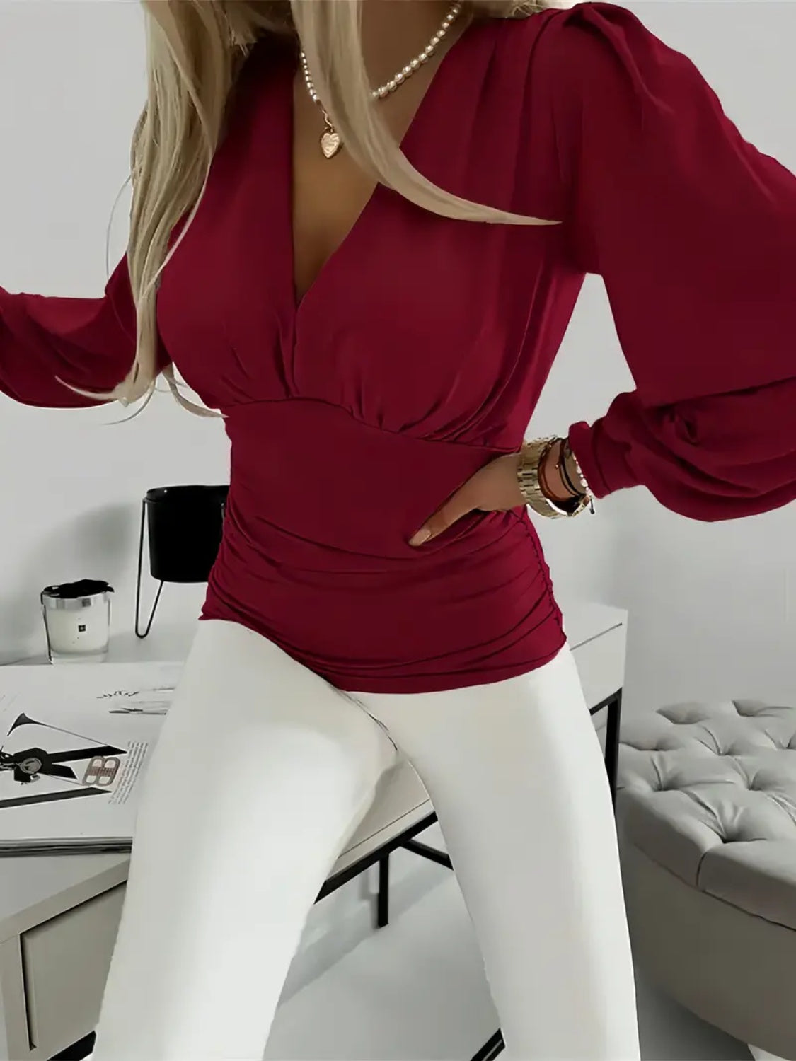 Ruched Cinched Waist V-Neck Long Sleeve T-Shirt