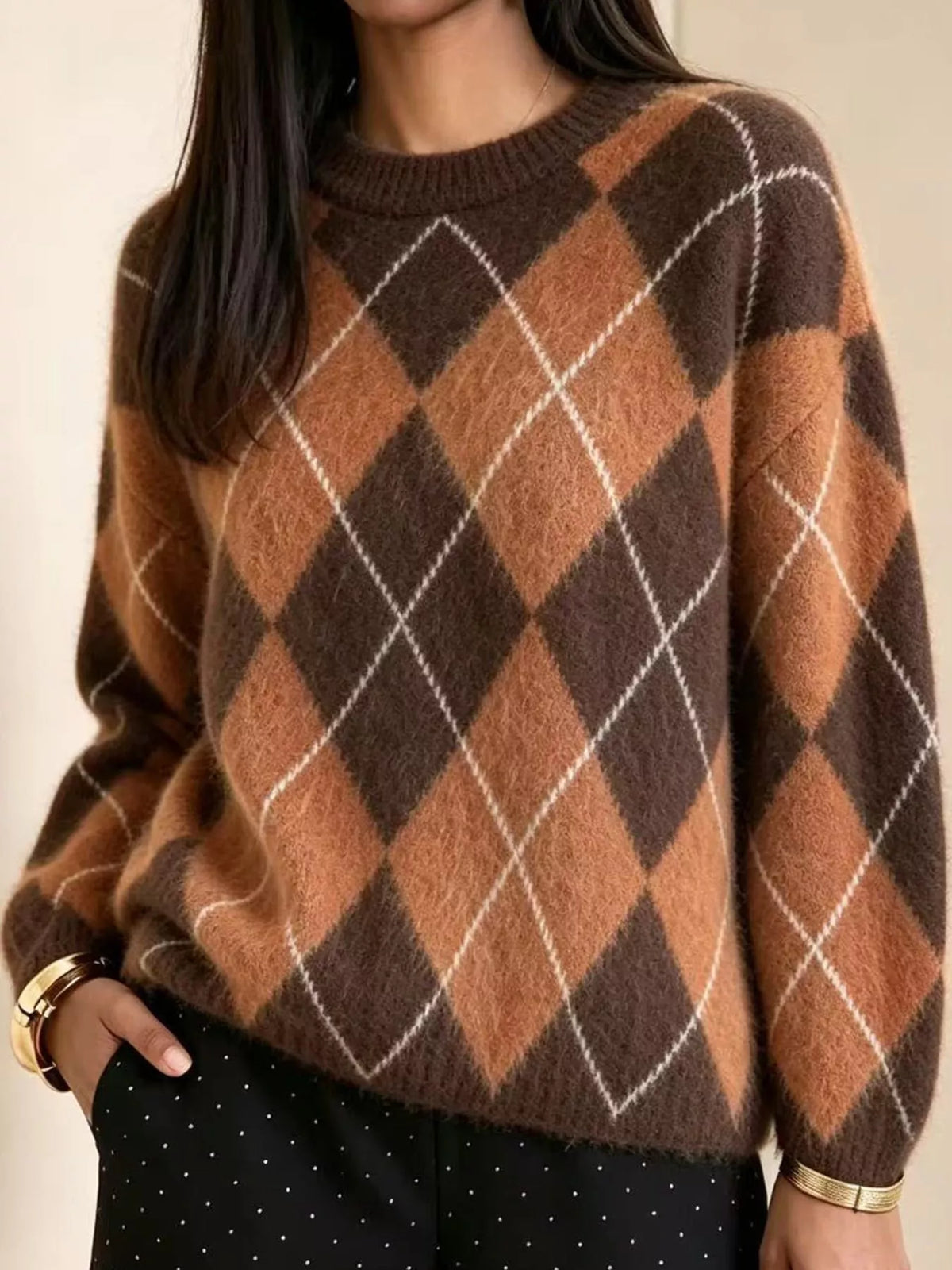 Women's Argyle Fuzzy Knit Sweater – view 3