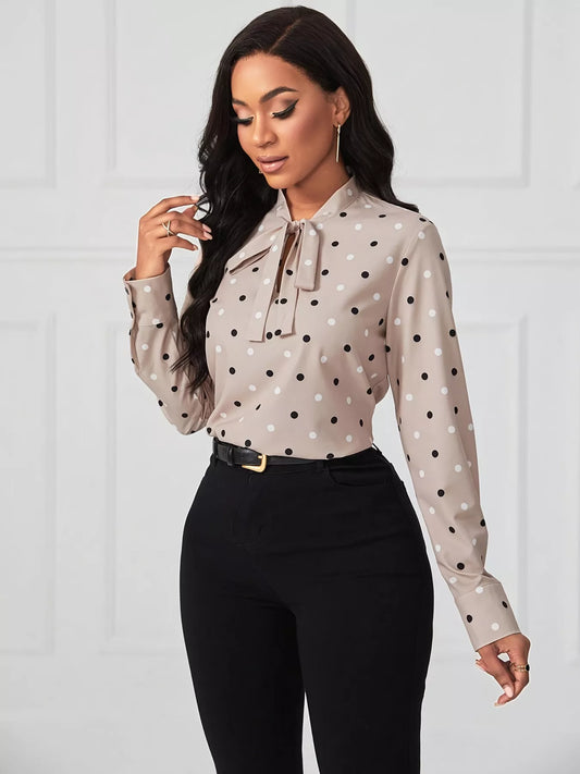 Polka Dot Tie Neck Blouse  Shop One Place