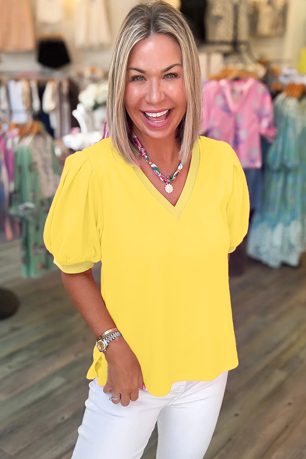 Turquoise Solid Color V Neck Short Puff Sleeve Blouse  Shop One Place