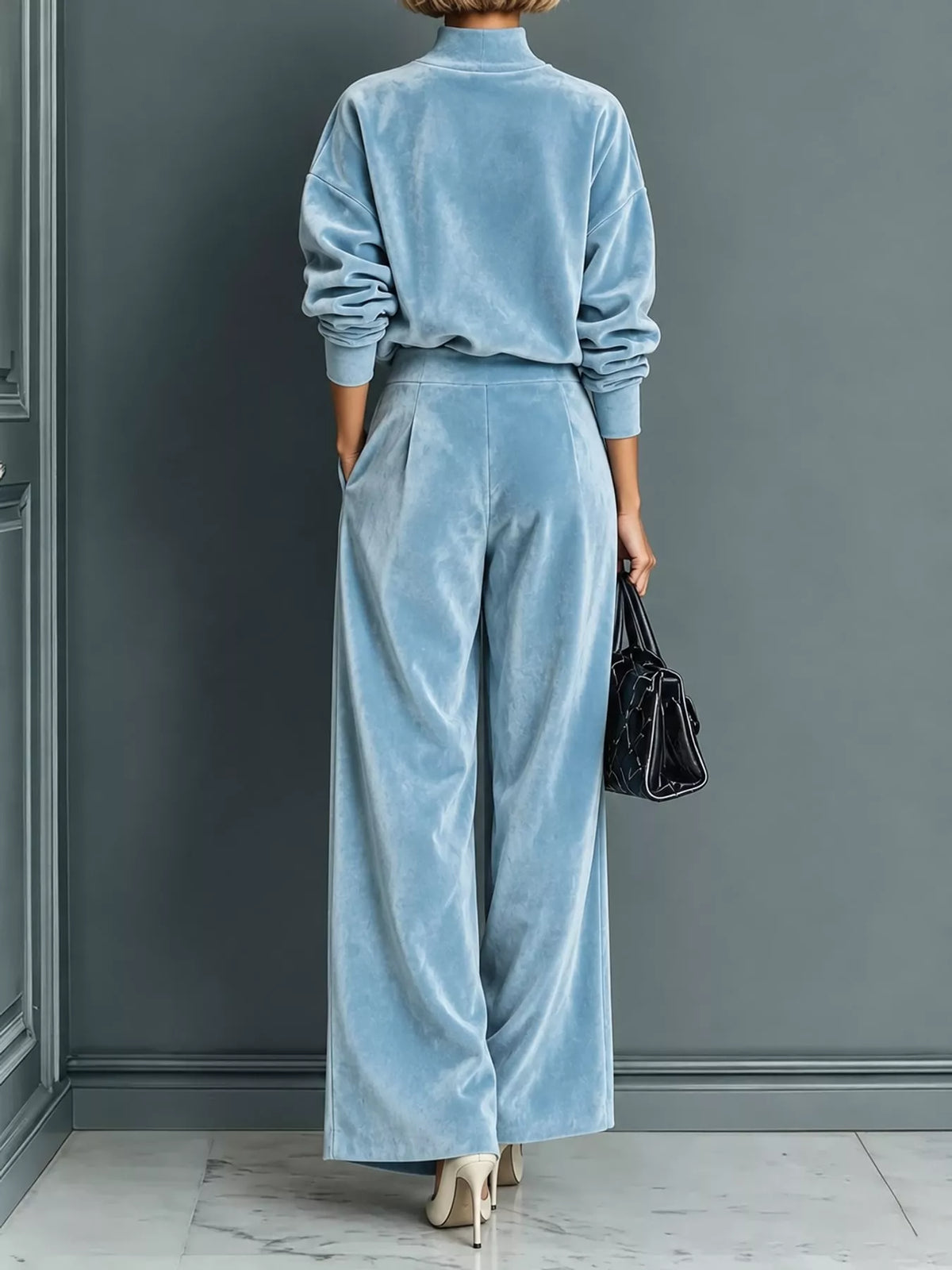 Women's Velvet Mock Neck Top & Wide-Leg Pants Set – view 8