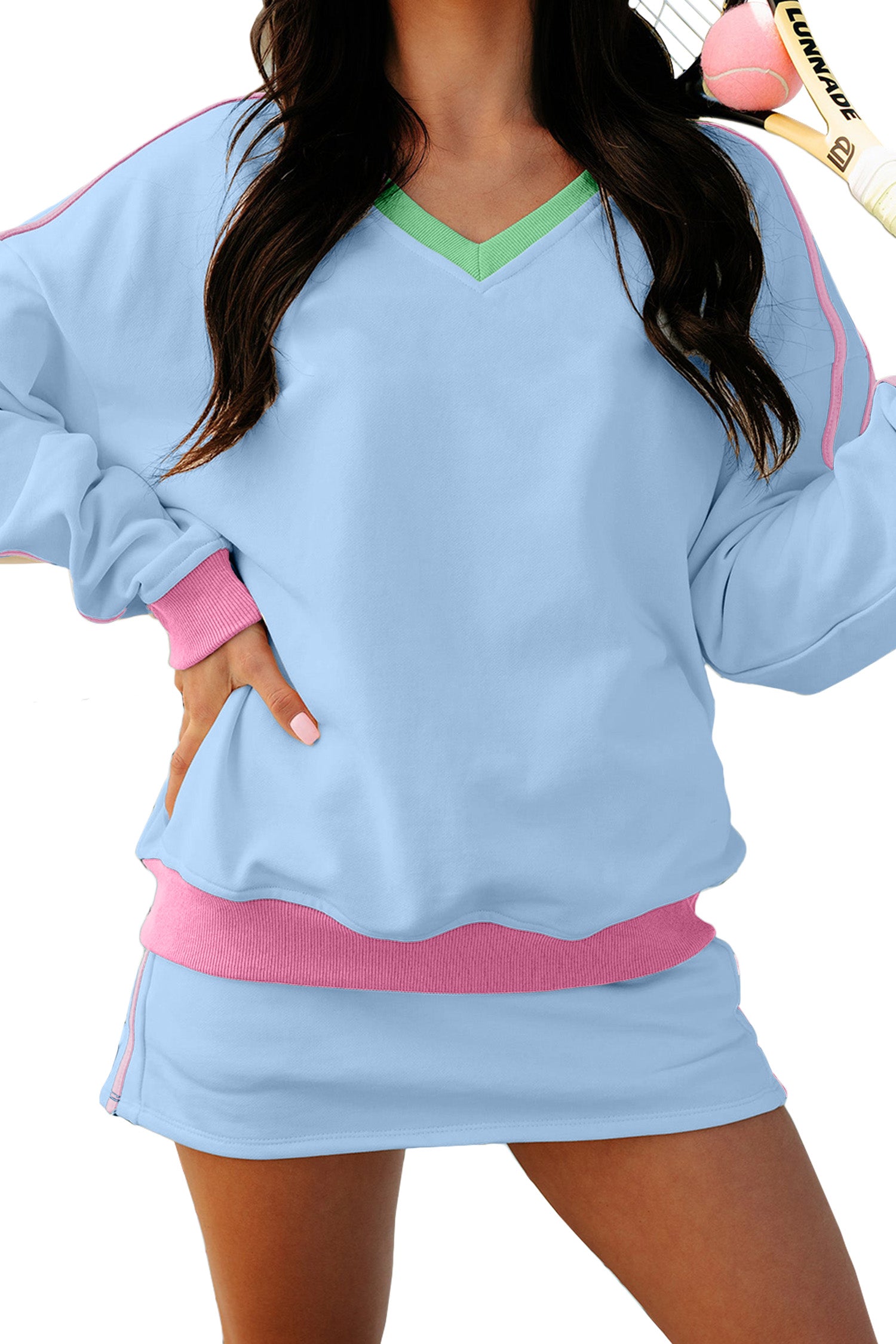 Sky Blue Ribbed Colorblock Trim V Neck Sporty Pullover Mini Skort 2pcs Athleisure Set  Shop One Place