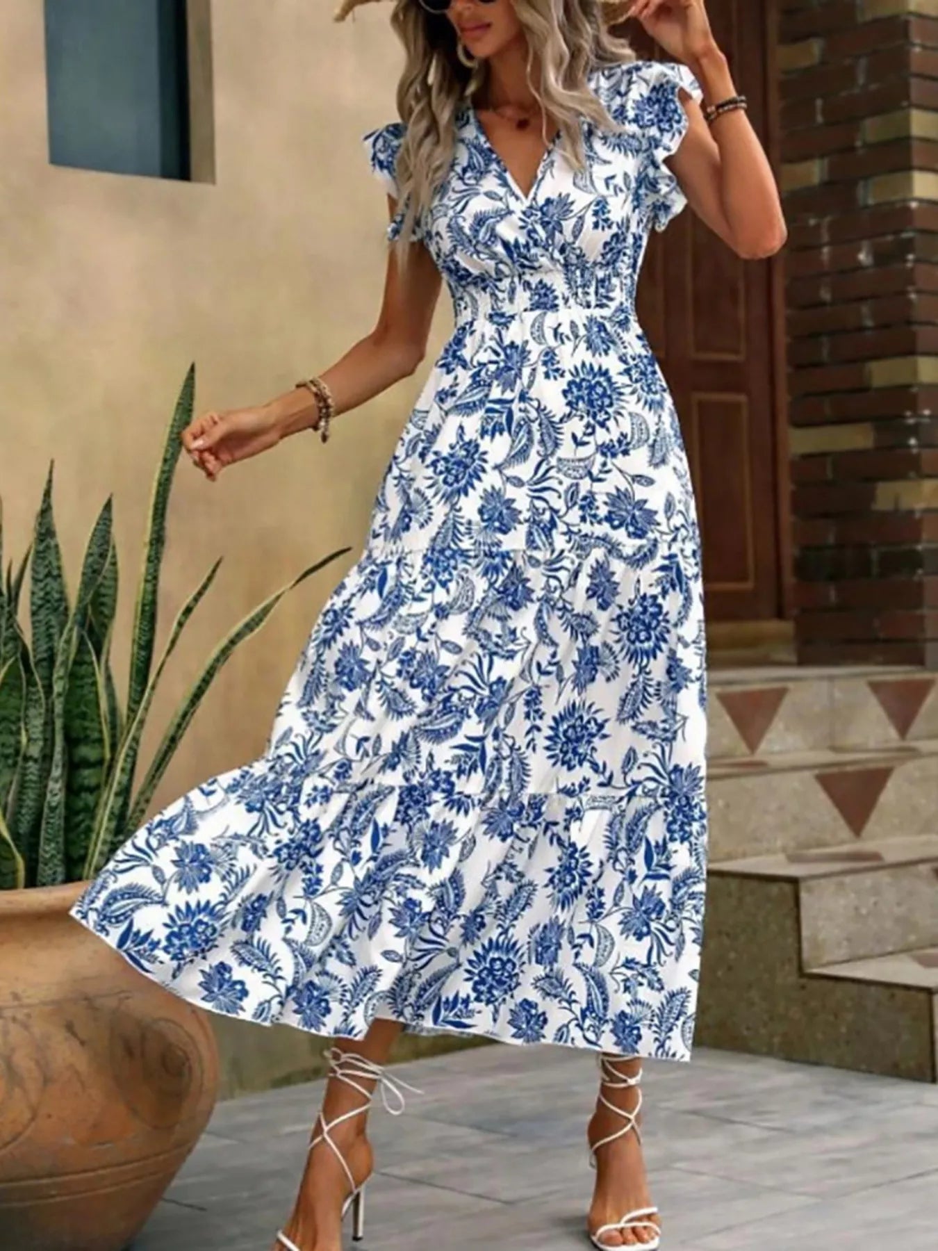 Floral Print Ruffle Sleeve Midi Dress  Shop One Place