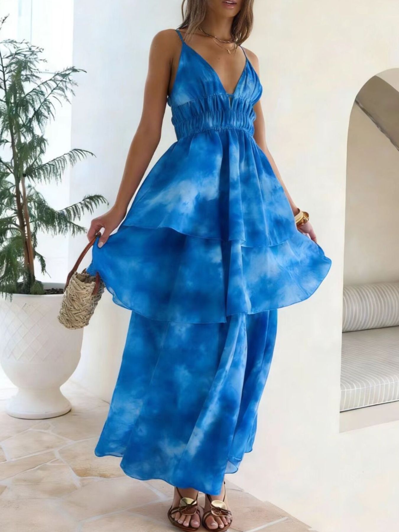 Tie-Dye Ruffled Layered Maxi Dress  Shop One Place